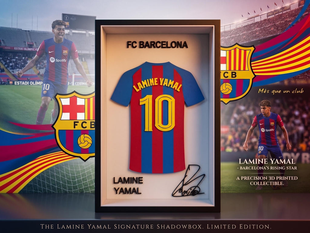 Lamine Yamal FC Barcelona Jersey Shadow Box | 3D Printed Soccer Art | Boys Dorm & Desk Decor | Back to School Sports Gift | Wall Shelf