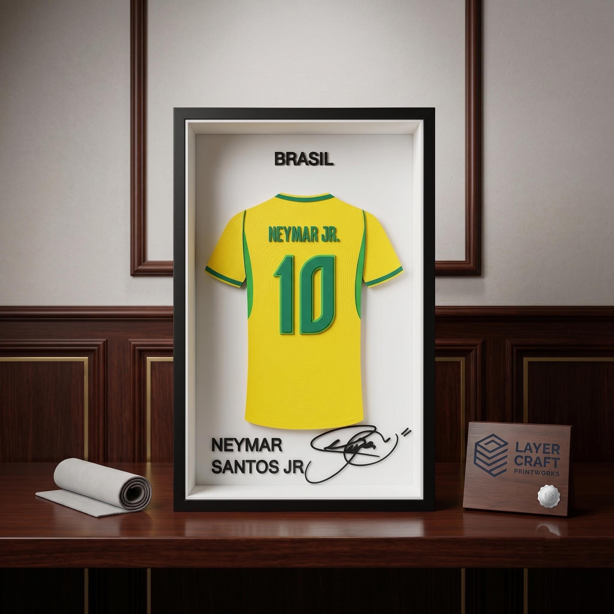 Neymar Jr Brazil 3D Printed Jersey Frame – Premium Layered Football Wall Art, Brazil Soccer Fan Desk Decor, Compact 8.5" x 5.5" Display