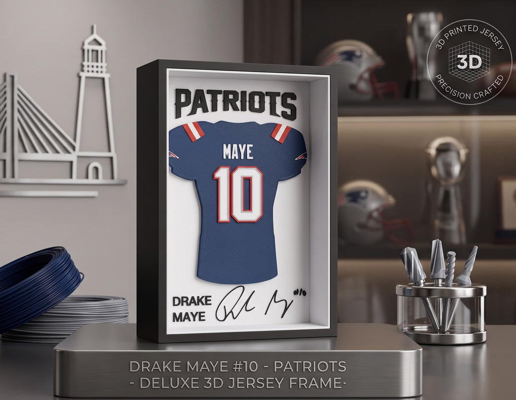 Drake Maye Shadow Box Jersey Frame - 3D Printed New England Patriots Wall Art, NFL Desk Decor, Patriots Fan Gift, Football Shelf Decor