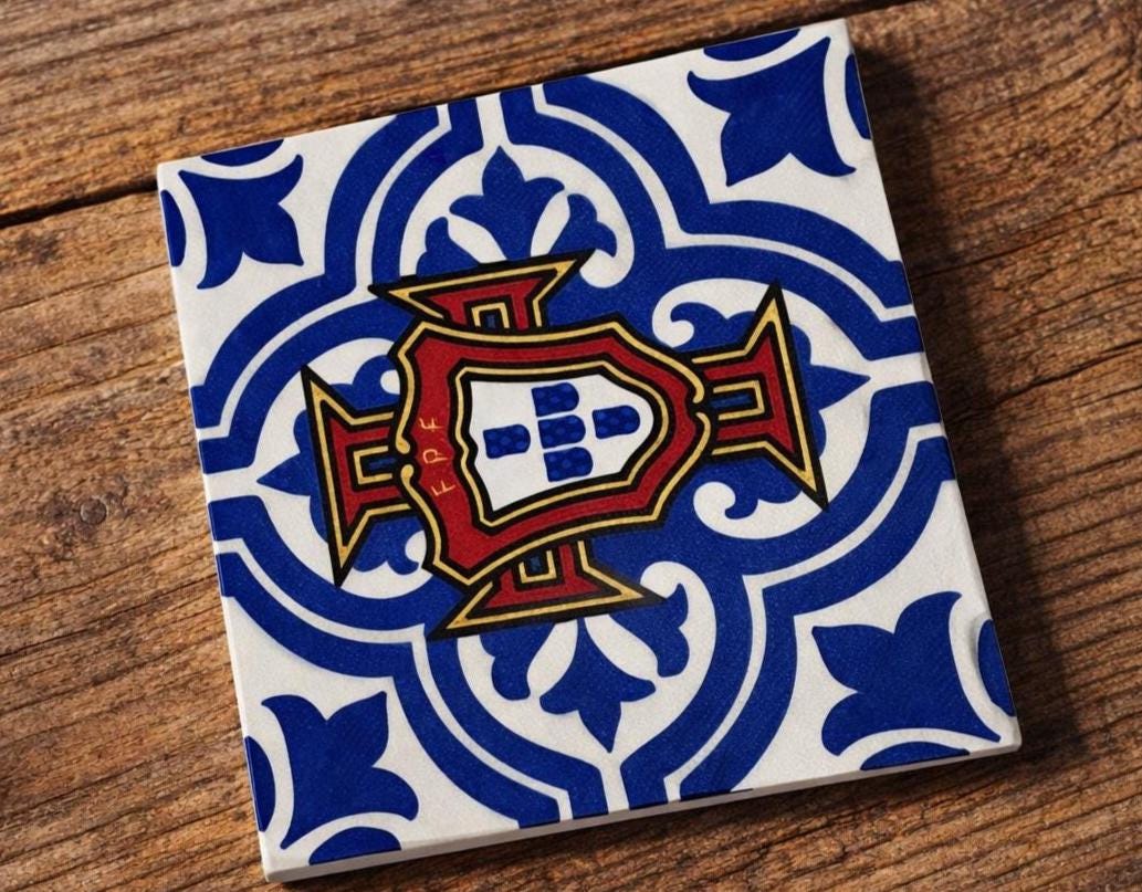 Portugal FPF Azulejo Coaster Set of 4 – 3D Printed Blue White – Handmade Football Gift for Fans- Mediterranean Decor – Portuguese Ronaldo WC