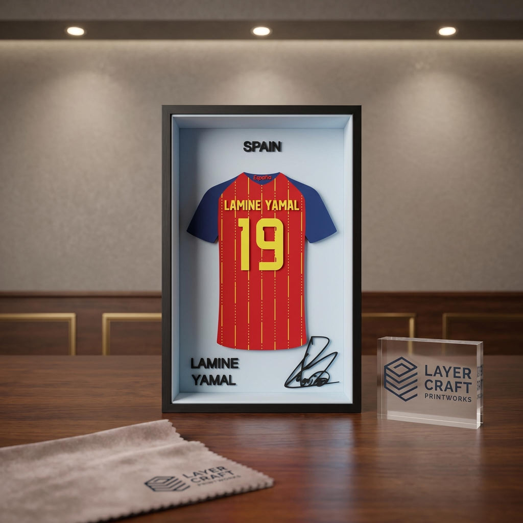 Lamine Yamal Spain 3D Printed Jersey Frame – Premium Layered Football Wall Art, Spain Soccer Fan Desk Decor, Compact 8.5" x 5.5" Display