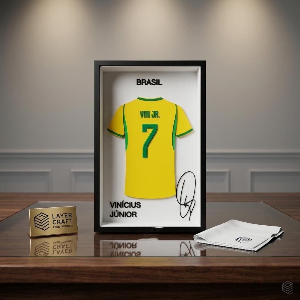 Vinicius Junior Brazil 3D Print Jersey Frame – Premium Layered Football Wall Art, Brazil Soccer Fan Desk Decor, Compact 8.5" x 5.5" Display