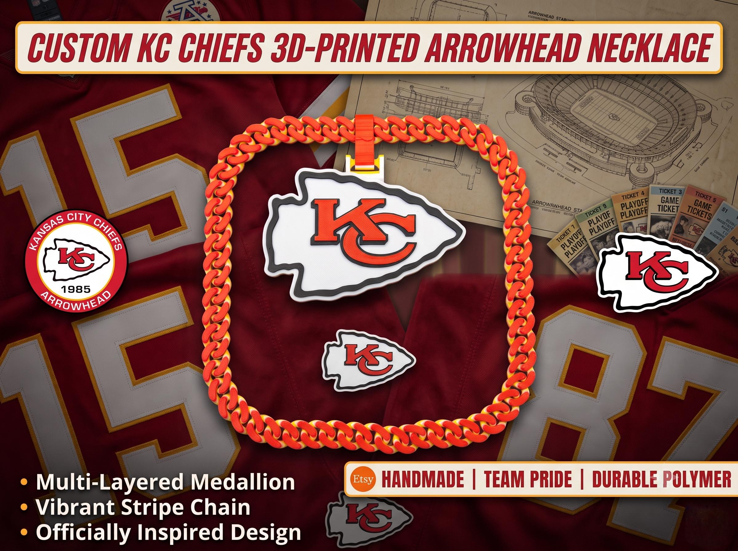 KC Chiefs Necklace | NFL Kansas City Arrowhead Pendant & 34" Chunky Chain