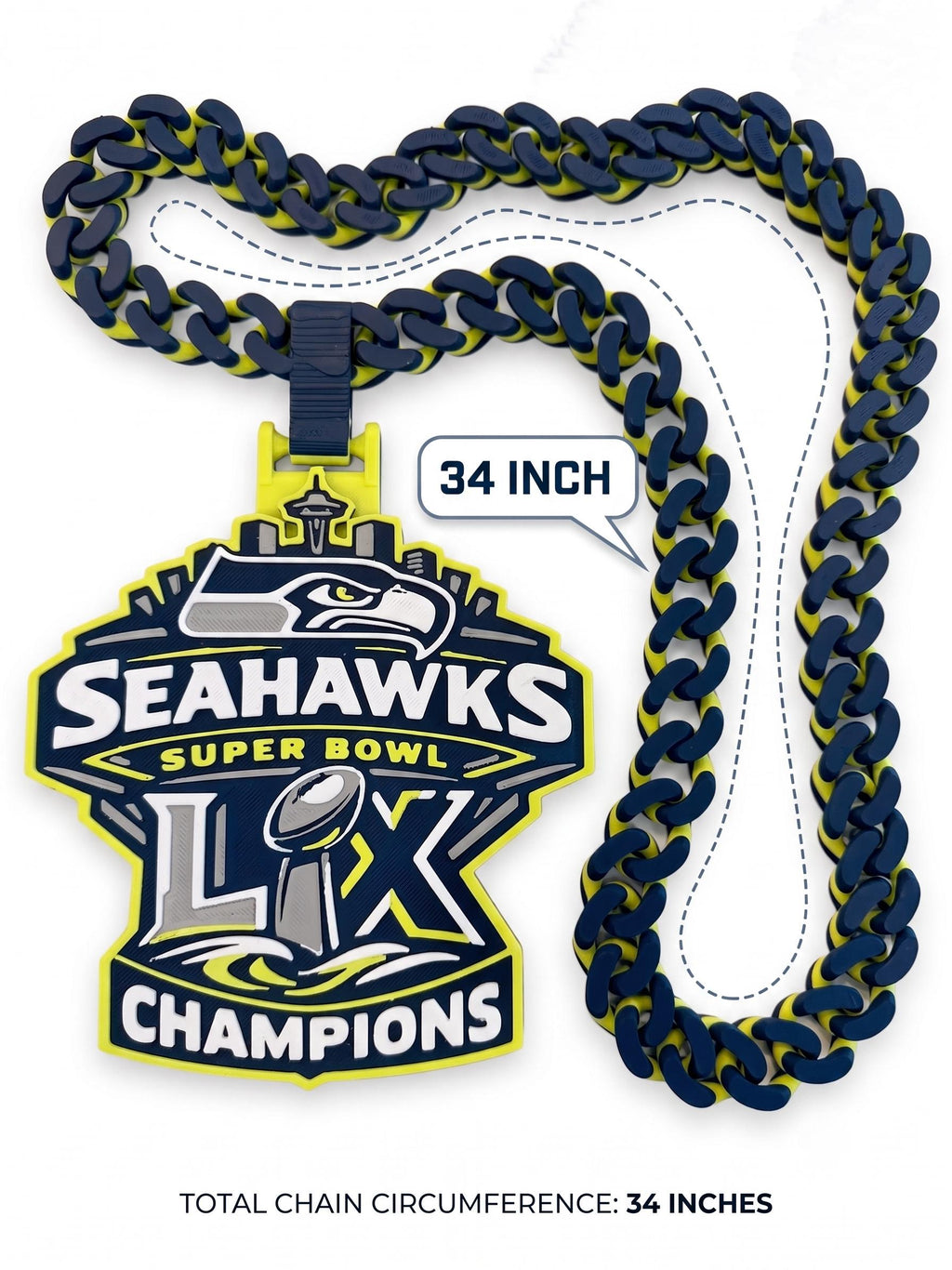 Seattle Seahawks Super Bowl Chain |NFL 34" Fan Necklace & Pendant