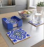 Portugal FPF Azulejo Coaster Set of 4 – 3D Printed Blue White Away Theme – Handmade Football Gift for Fans- Mediterranean Decor – Ronaldo