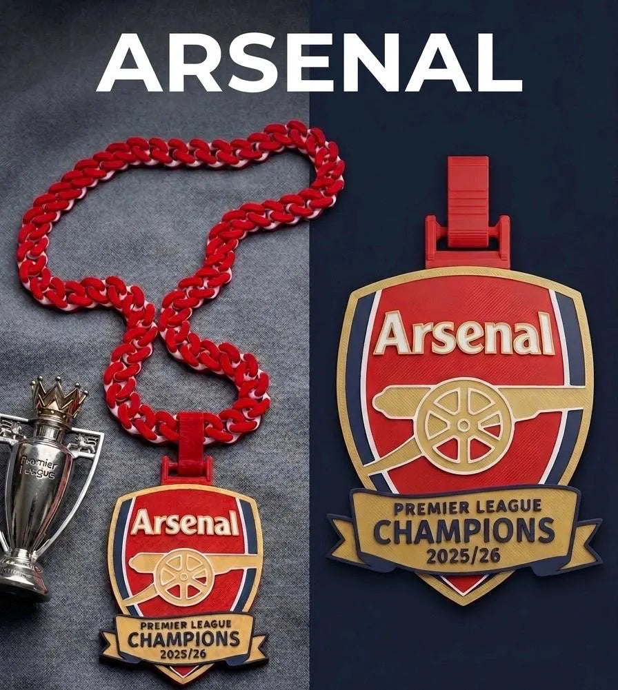 Arsenal Fan Necklace – 3D Printed Premier League Champions 2025/26 Pendant – Red Chain Football Gift - Gunners COYG