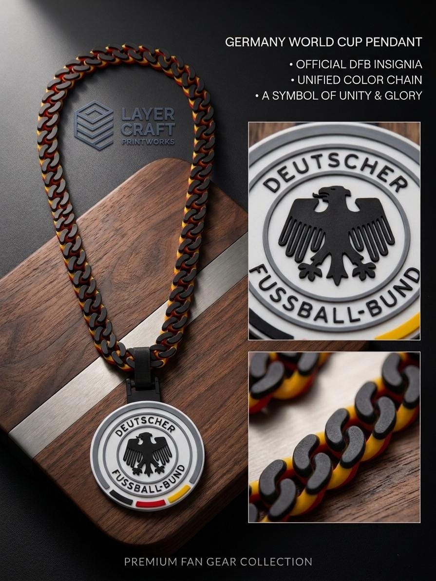 Germany DFB 3D Printed Necklace & Pendant – Black Red Yellow Football Chain – Handmade Soccer Jewelry – Fan Gift Inspired Müller – World Cup