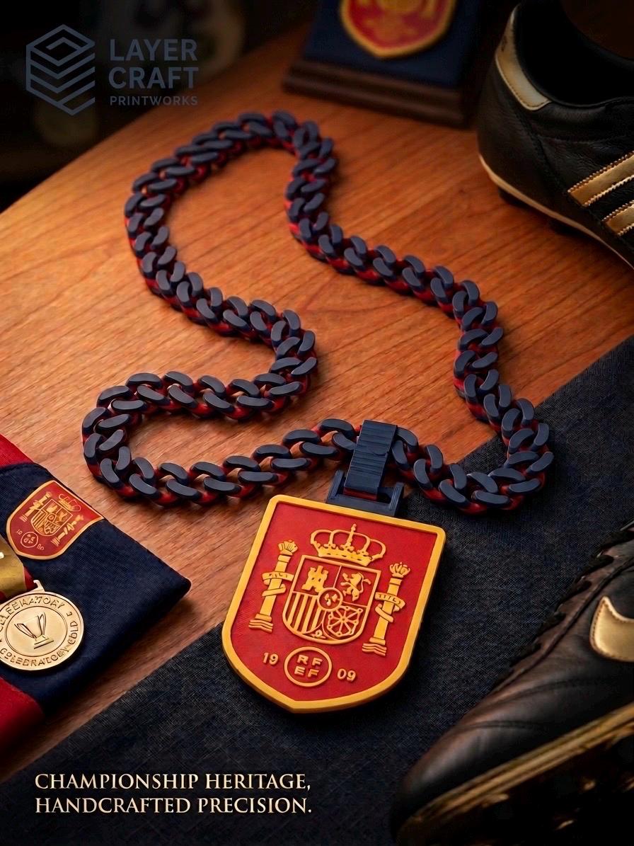 Spain Soccer Fan Chain Necklace - 3D Printed RFEF Crest Medallion - Red & Blue Statement 3D Print Jewelry - España Football Championship