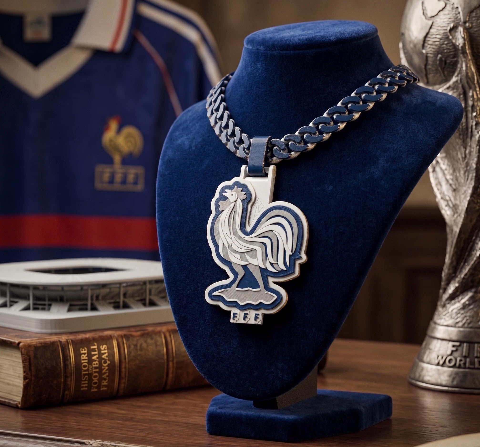 France FFF Necklace – 3D Printed French Football Fan Pendant | Blue Chain | Mbappe World Cup Necklace