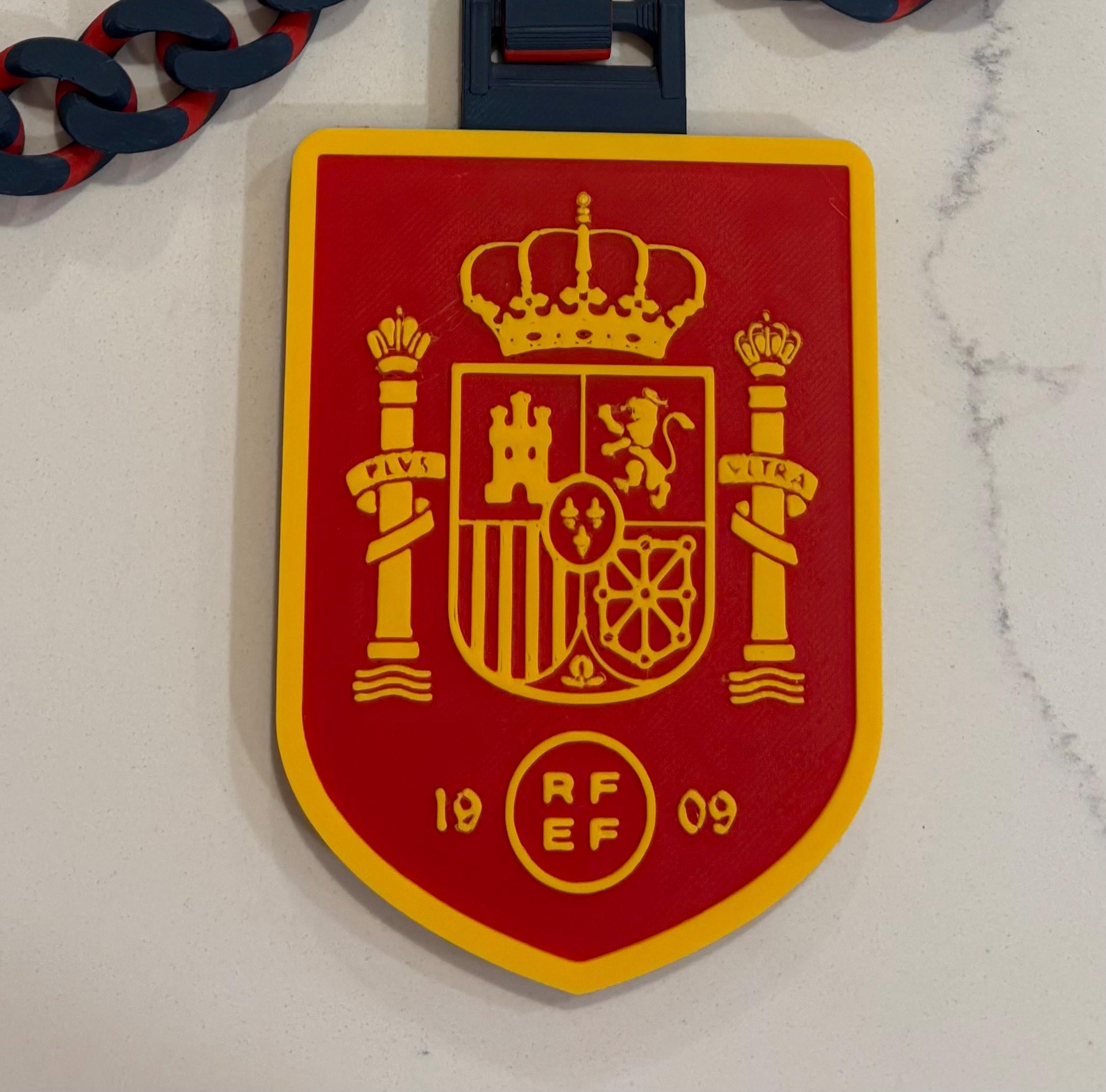 Spain Soccer Fan Chain Necklace - 3D Printed RFEF Crest Medallion - Red & Blue Statement 3D Print Jewelry - España Football Championship