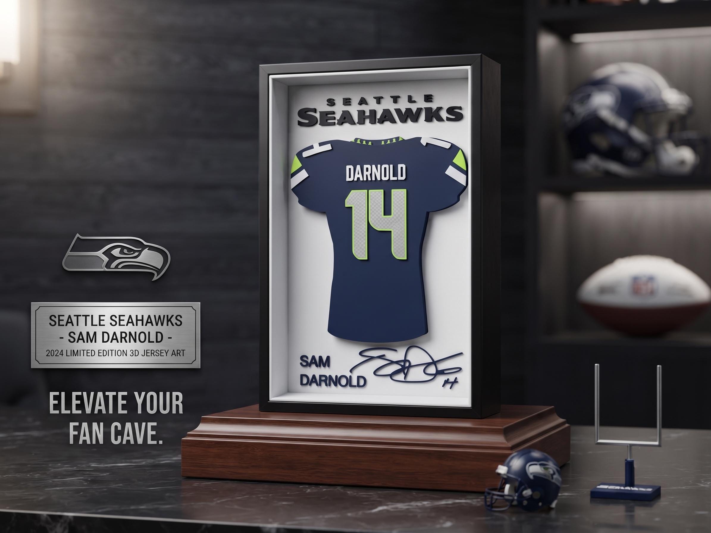 3D Printed Seattle Seahawks Sam Darnold Jersey Shadowbox – NFL Fan Cave Decor, Desktop & Wall Display, Football Gift for Seahawks Fans