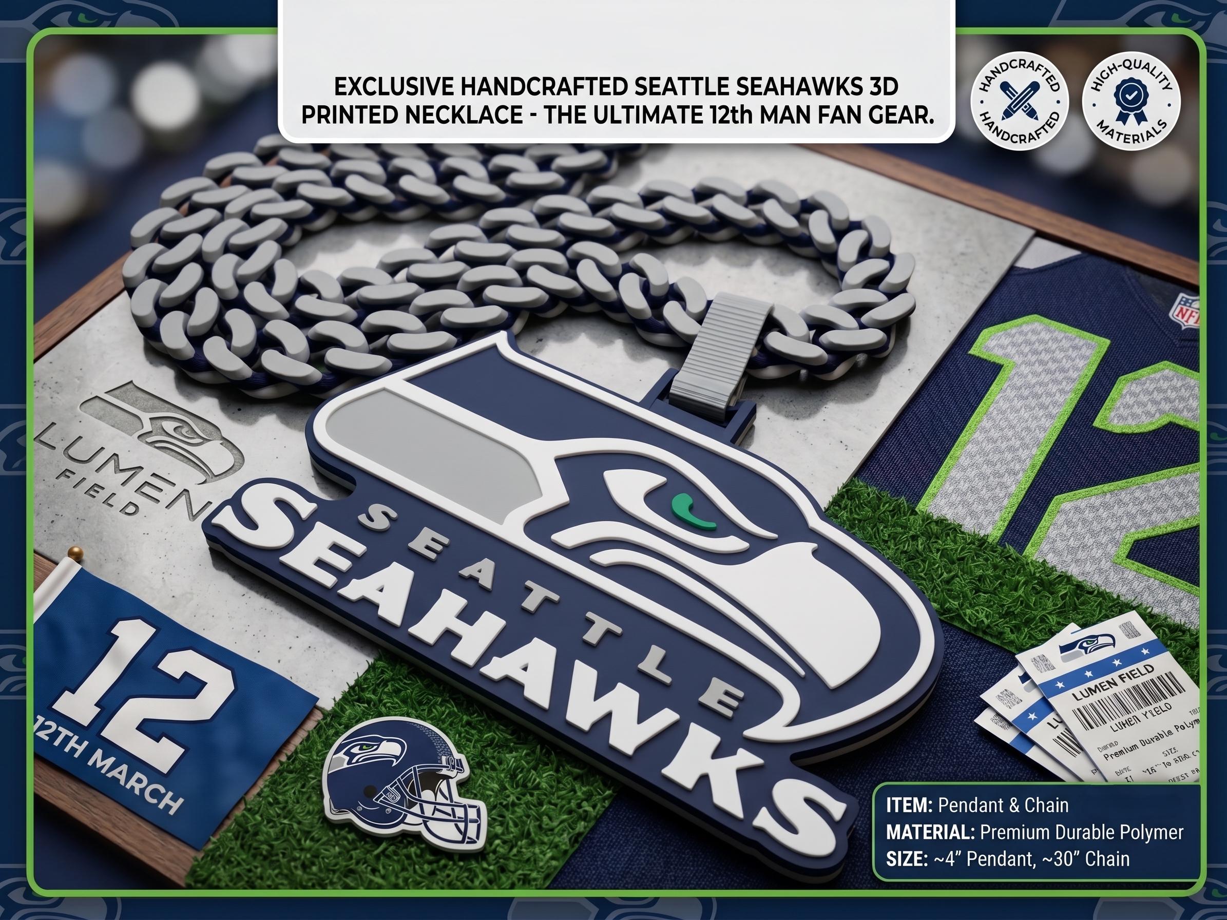 Seattle Seahawks Necklace | NFL12th Man Fan Gear, 34" Chain