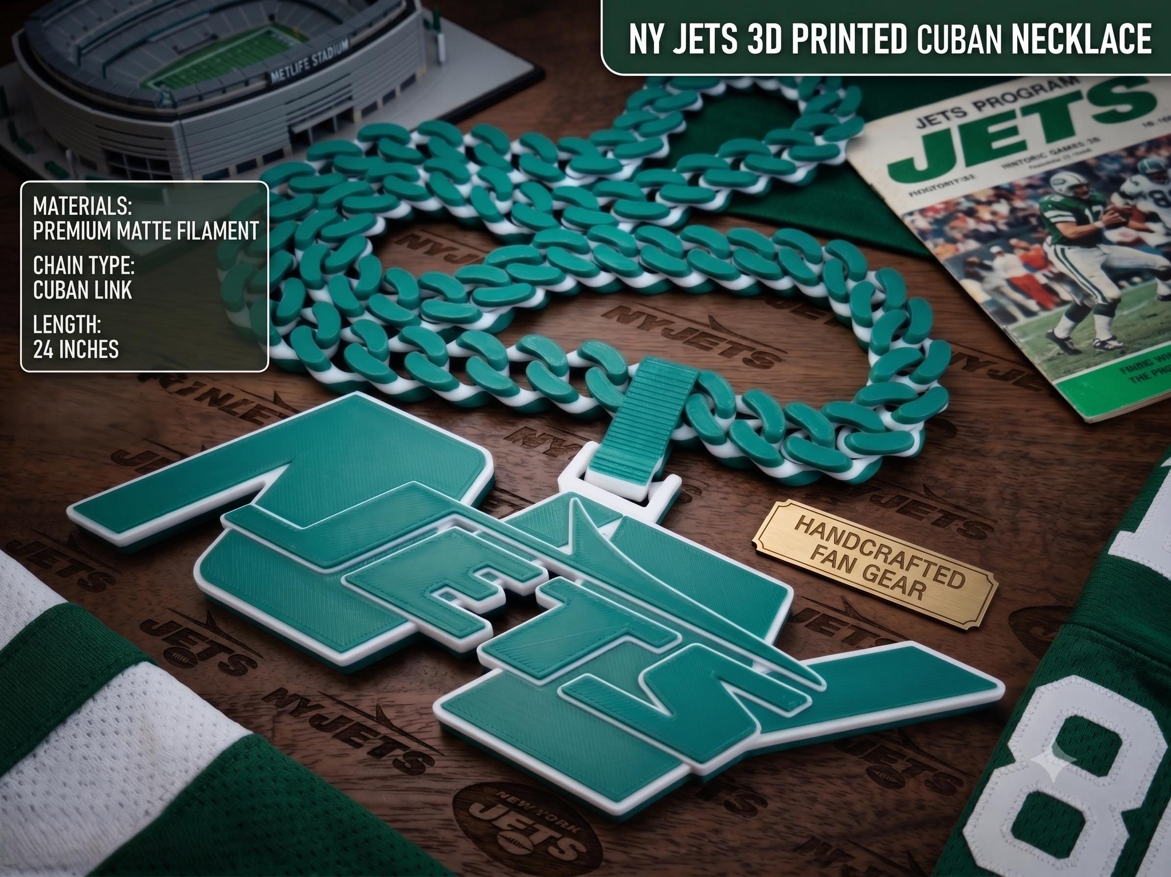 NY Jets Chain Necklace | NFL 34 Inch New York Jets Logo Cuban Link Pendant