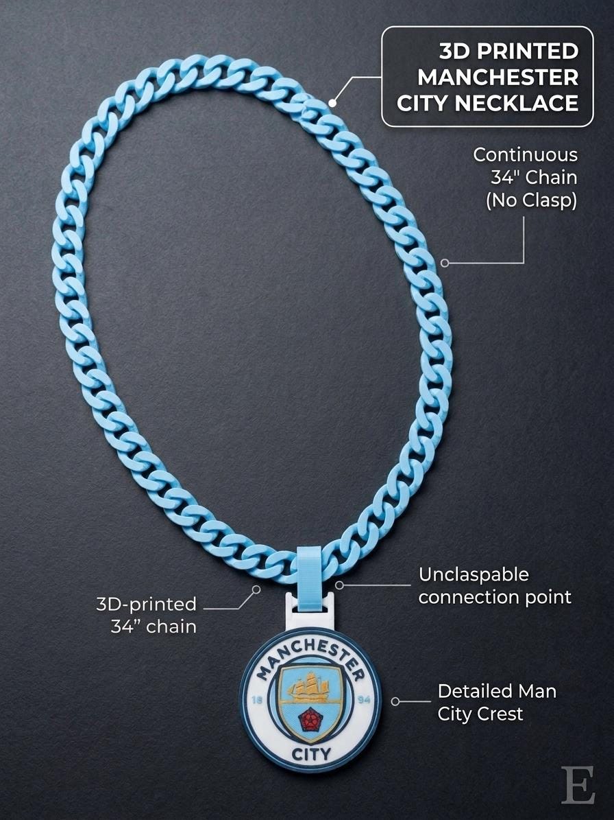 Manchester City Necklace | 3D Printed EPL Football Fan Gift | Man City Crest Soccer Pendant | Sky Blue Match Day Chain | Premier League Gear