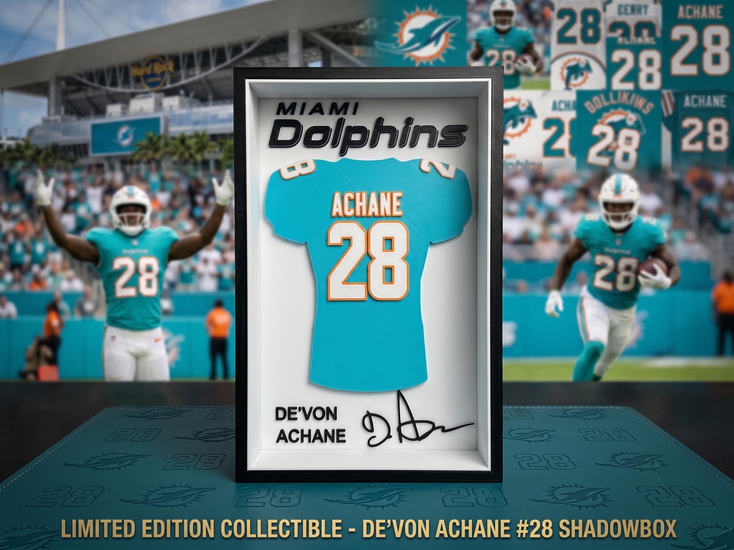 DeVon Achane Miami Dolphins 3D Printed Jersey Shadow Box | NFL Dorm & Desk Decor | Back to School Football Gift for Fans | Shelf Art