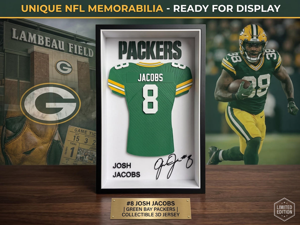 Josh Jacobs Green Bay Packers 3D Printed Jersey Shadow Box | NFL Dorm Room Decor | Back to School Football Gift for Desk Shelf or Wall