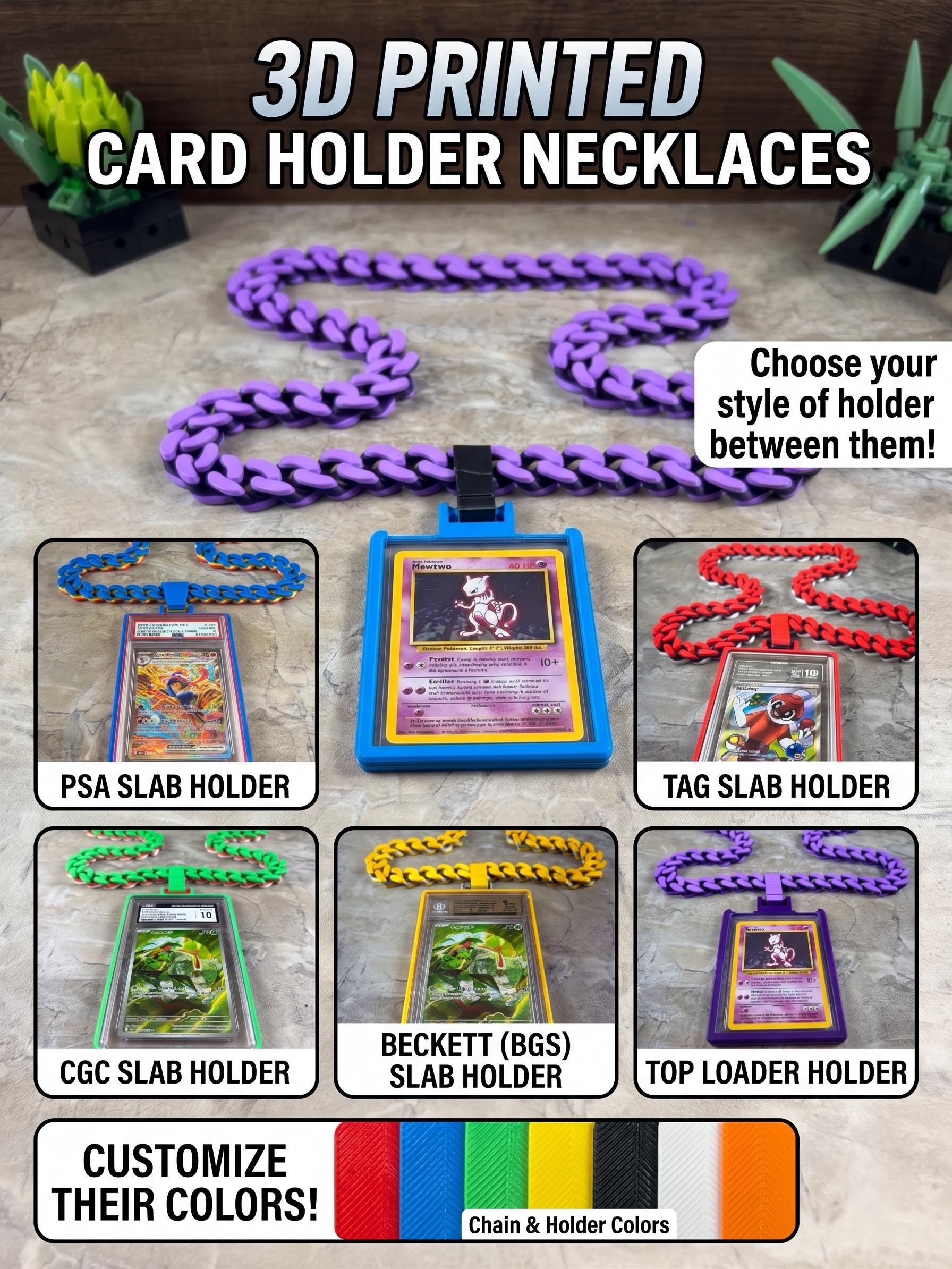Custom Slab Necklace | PSA, BGS, CGC, Tag, Top Loader Card Holder Chain | Custom Color Trading Card Show Display for Pokémon & Sports Cards