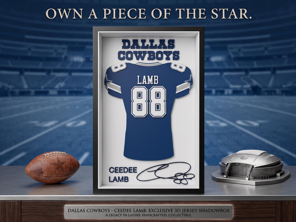 Dallas Cowboys CeeDee Lamb 3D Printed Jersey Shadow Box - 5.5" x 8.5" Shelf & Desk Decor, NFL Football Fan Gift, Dallas Star Memorabilia
