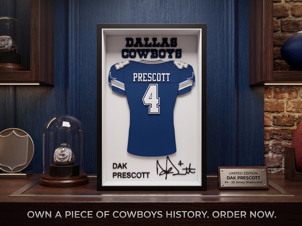 Dallas Cowboys 3D Printed Jersey Shadow Box – Dak Prescott #4 Football Memorabilia | Dallas Cowboys Fan Gift, NFL Desk & Wall Decor