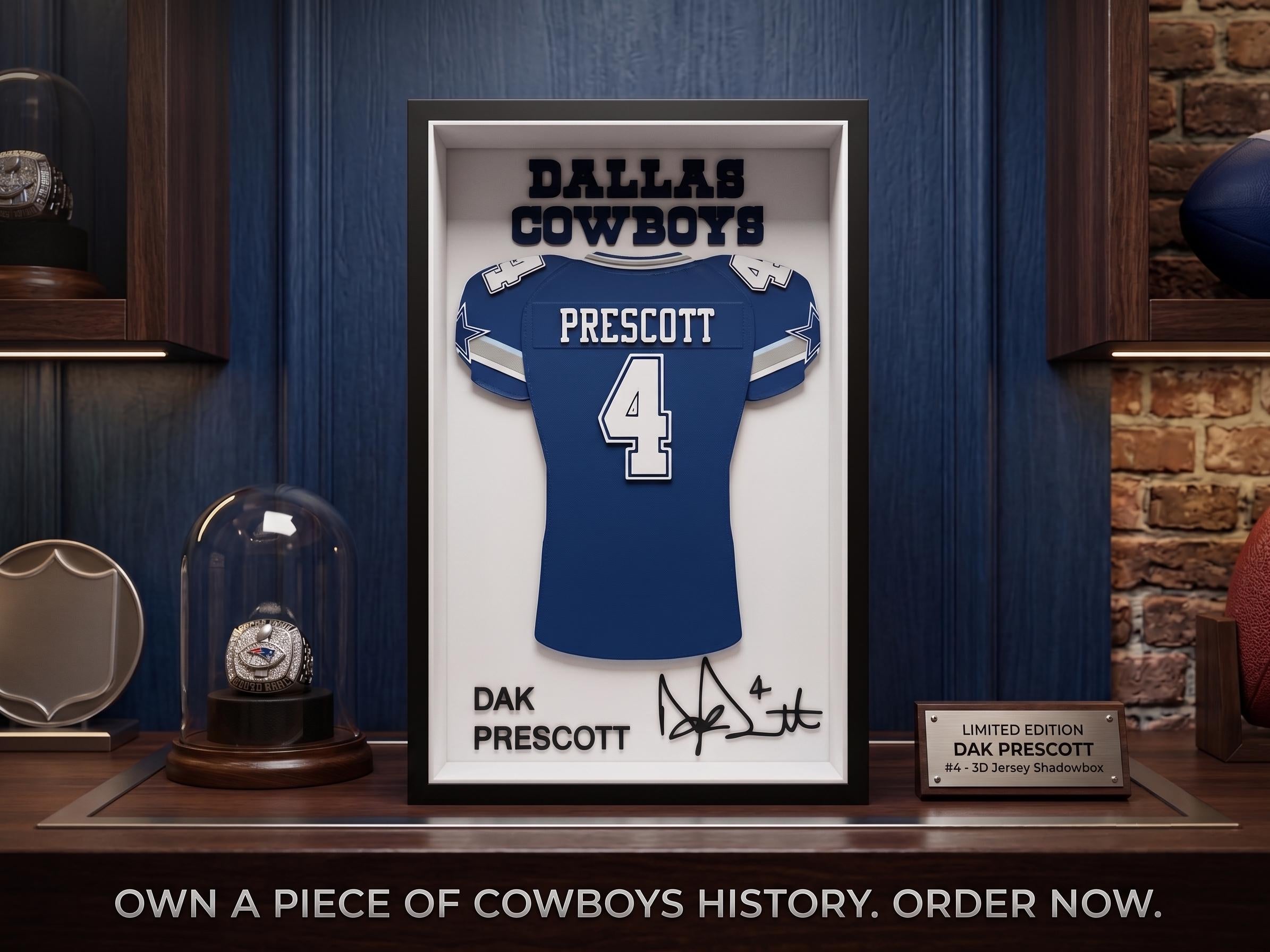 Dallas Cowboys 3D Printed Jersey Shadow Box – Dak Prescott #4 Football Memorabilia | Dallas Cowboys Fan Gift, NFL Desk & Wall Decor
