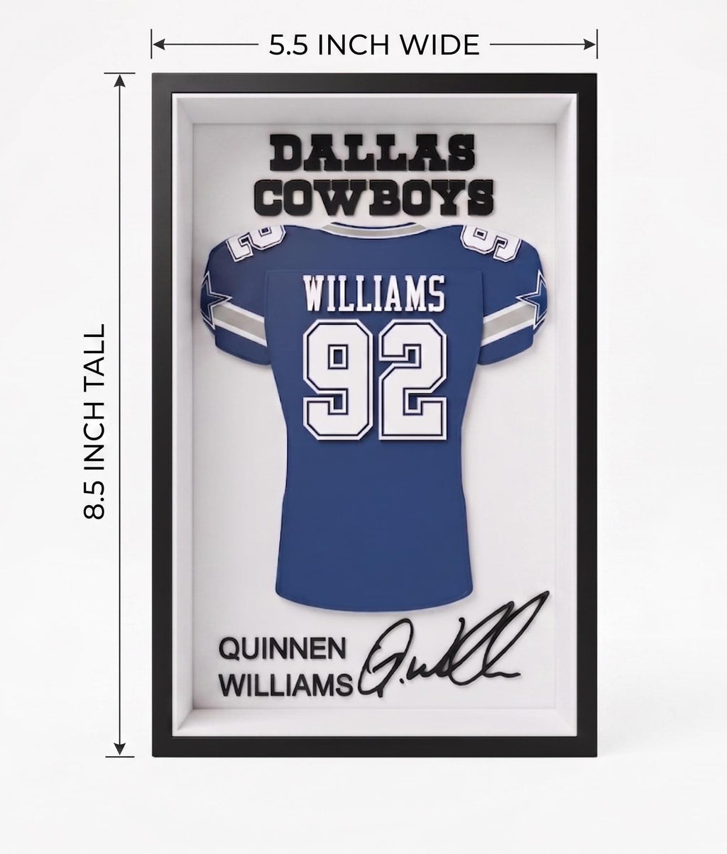Dallas Cowboys Quinnen Williams 3D Printed NFL Jersey Shadow Box Frame - Football Sports Memorabilia Display Case - Desk, Shelf, Wall Decor