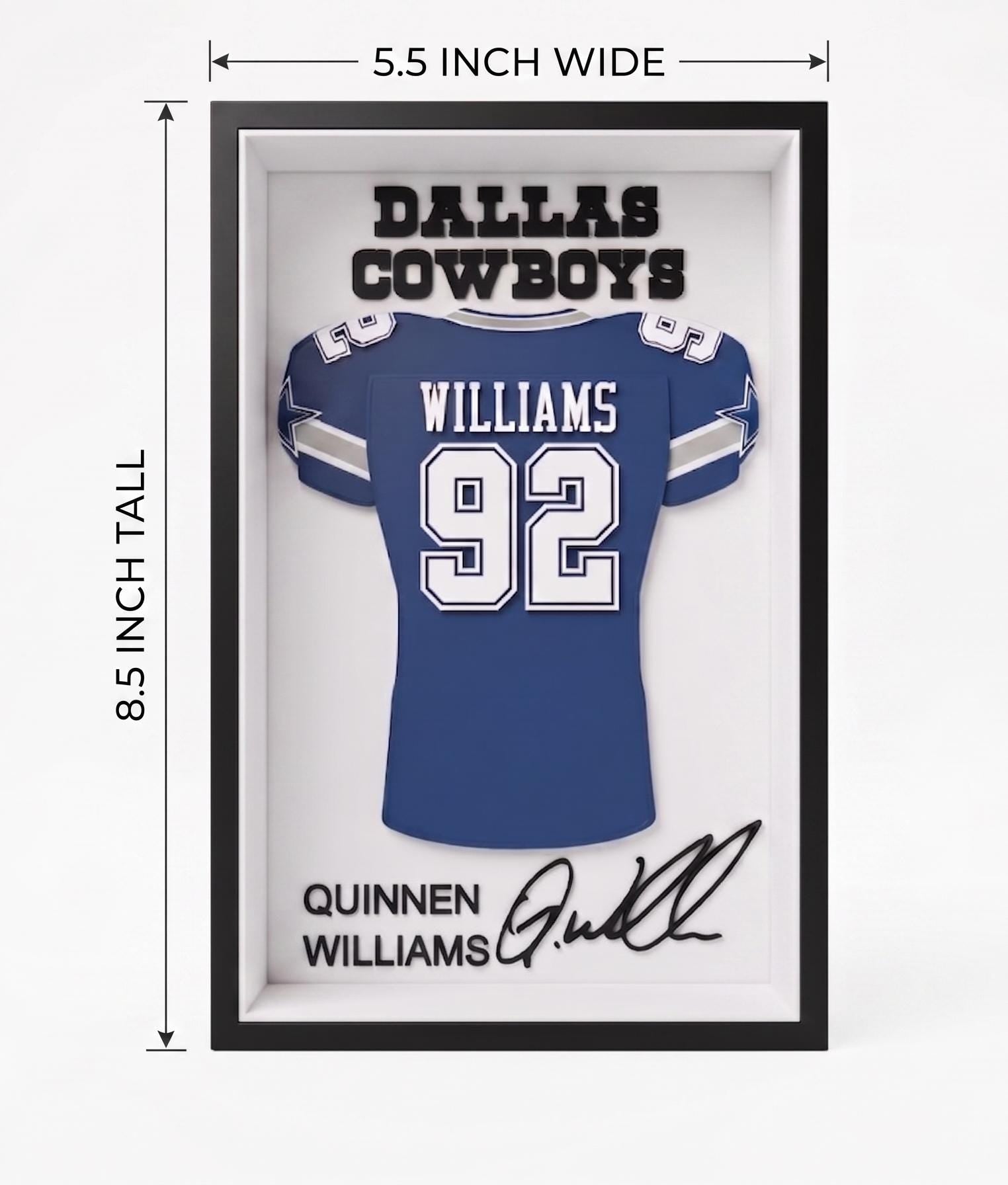 Dallas Cowboys Quinnen Williams 3D Printed NFL Jersey Shadow Box Frame - Football Sports Memorabilia Display Case - Desk, Shelf, Wall Decor