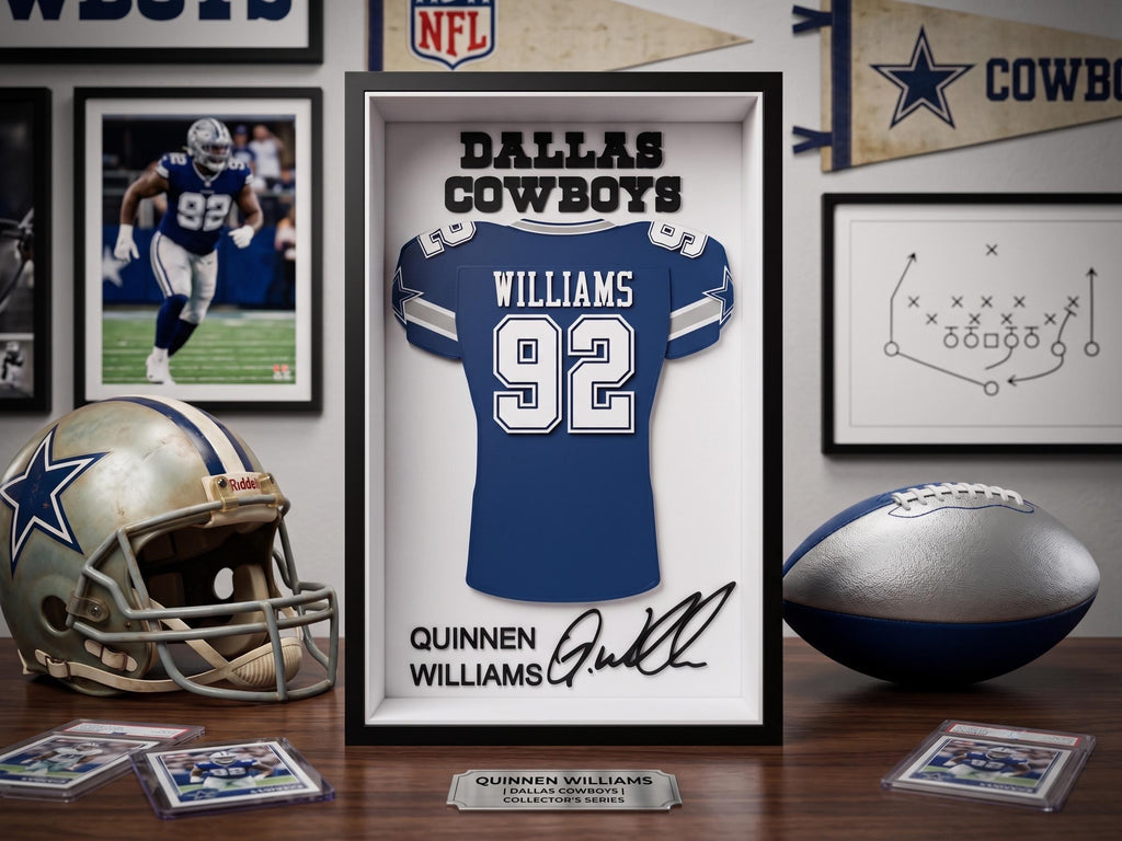Dallas Cowboys Quinnen Williams 3D Printed NFL Jersey Shadow Box Frame - Football Sports Memorabilia Display Case - Desk, Shelf, Wall Decor