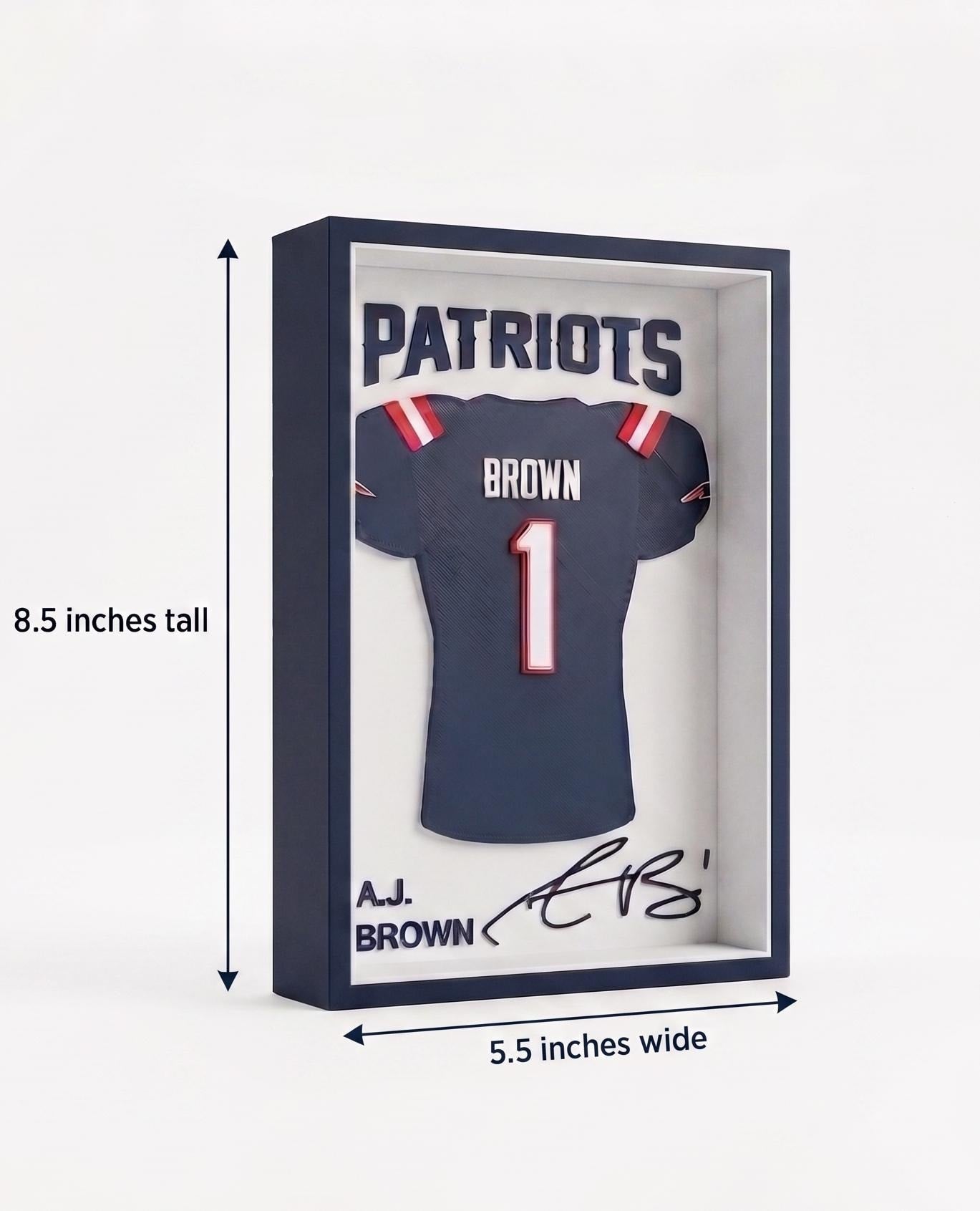 AJ Brown Jersey Shadowbox – 3D Printed Patriots Football Wall Art & Shelf Decor, NFL Sports Fan Gift, Desk Display (8.5" x 5.5")