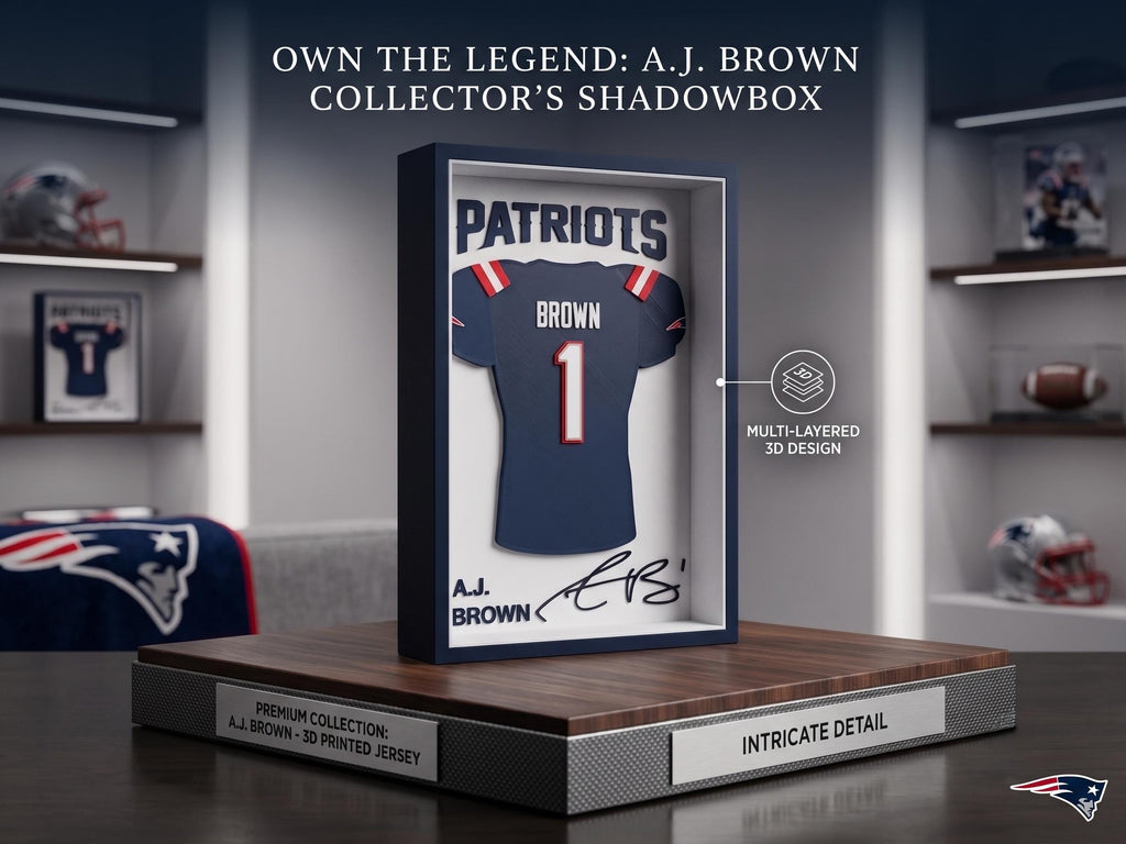AJ Brown Jersey Shadowbox – 3D Printed Patriots Football Wall Art & Shelf Decor, NFL Sports Fan Gift, Desk Display (8.5" x 5.5")