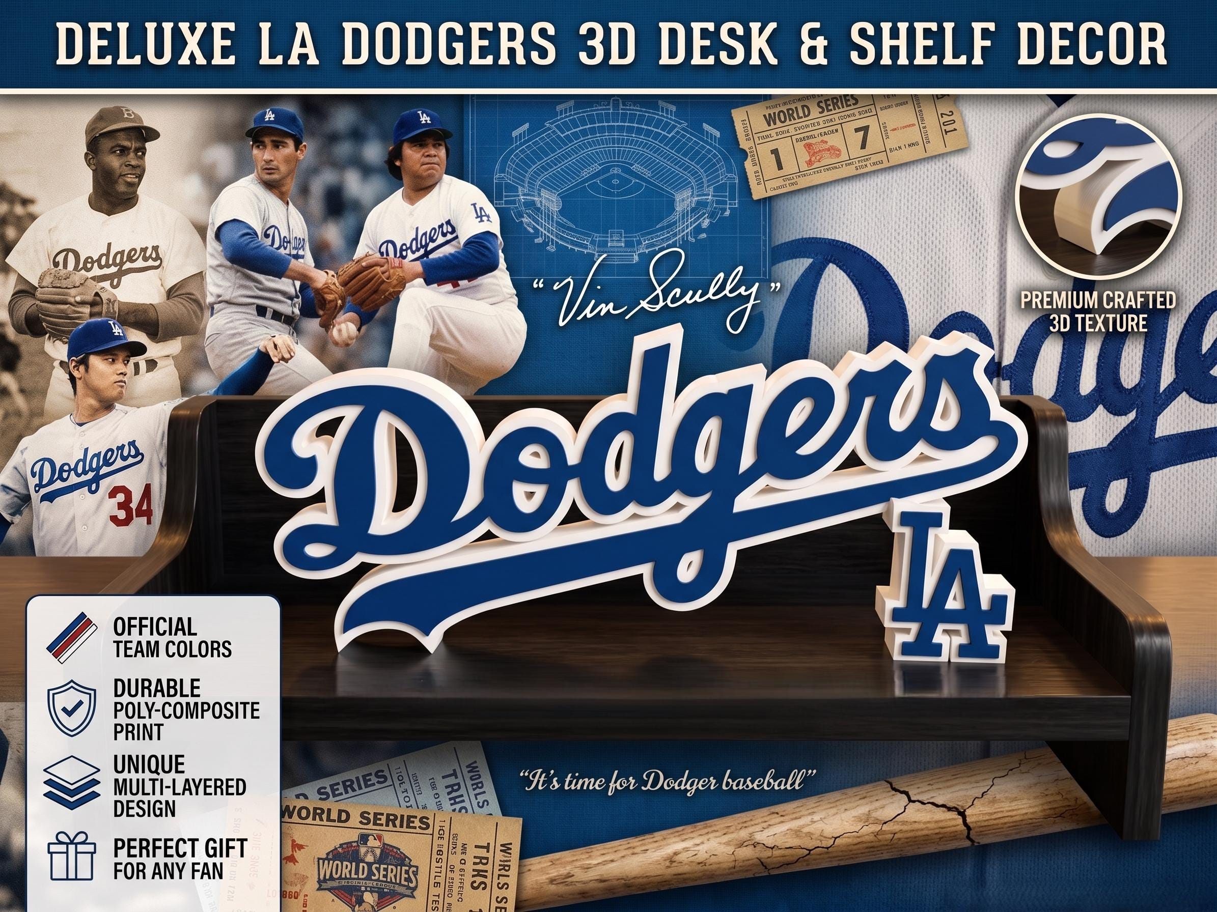 LA Dodgers 3D Printed Desk & Shelf Decor | MLB Baseball Fan Gift | Los Angeles Sports Sign for Office, Man Cave, or Bedroom