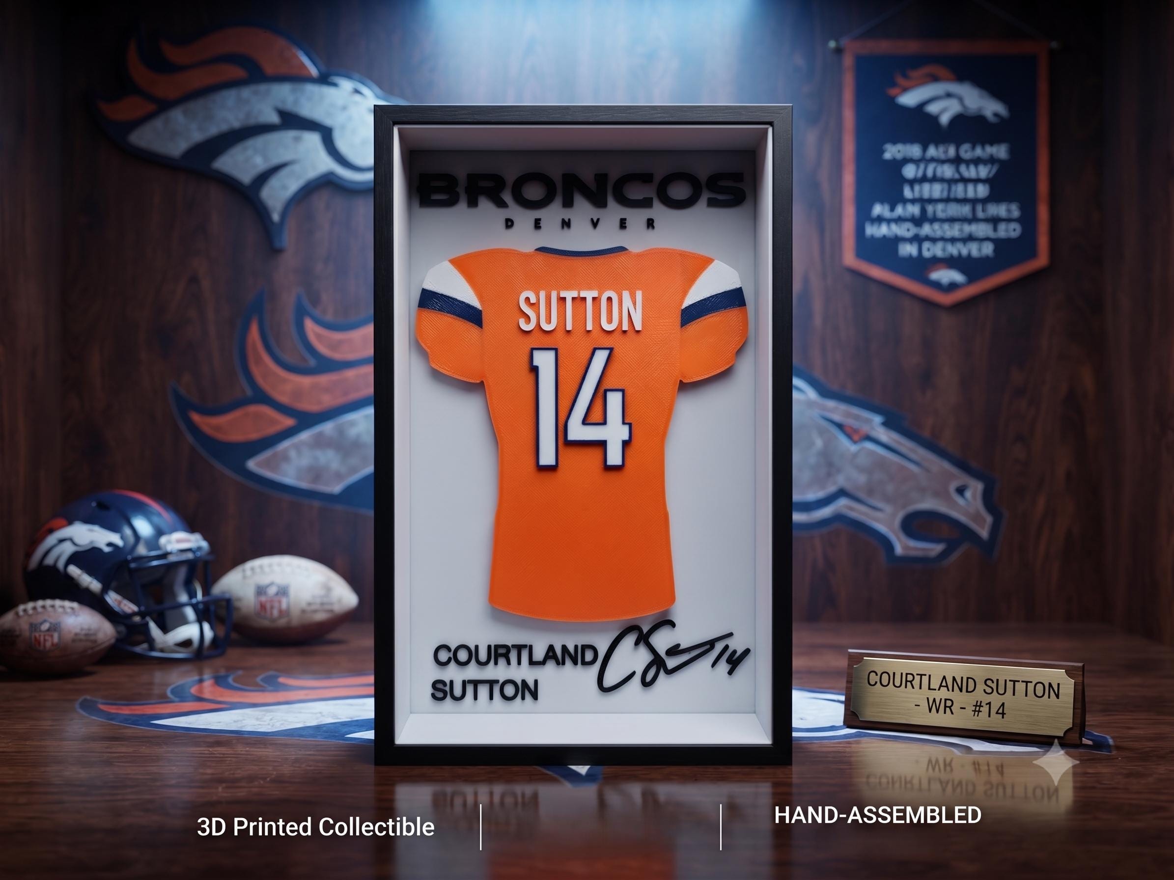 Courtland Sutton Denver Broncos 3D Printed Jersey Shadow Box | NFL Fan Cave, Dorm Room & Desk Decor, Officially Licensed Design