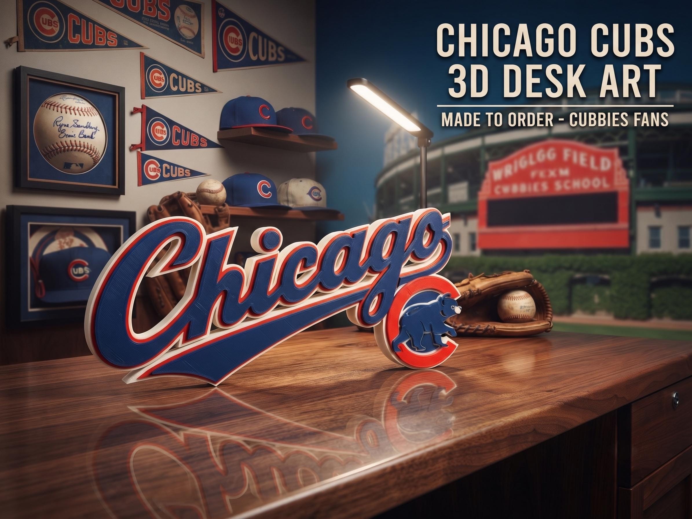 Chicago Cubs 3D Printed Desk Sign – MLB Baseball Shelf Decor, Cubs Fan Gift, Office Decor, Sports Memorabilia, Made to Order