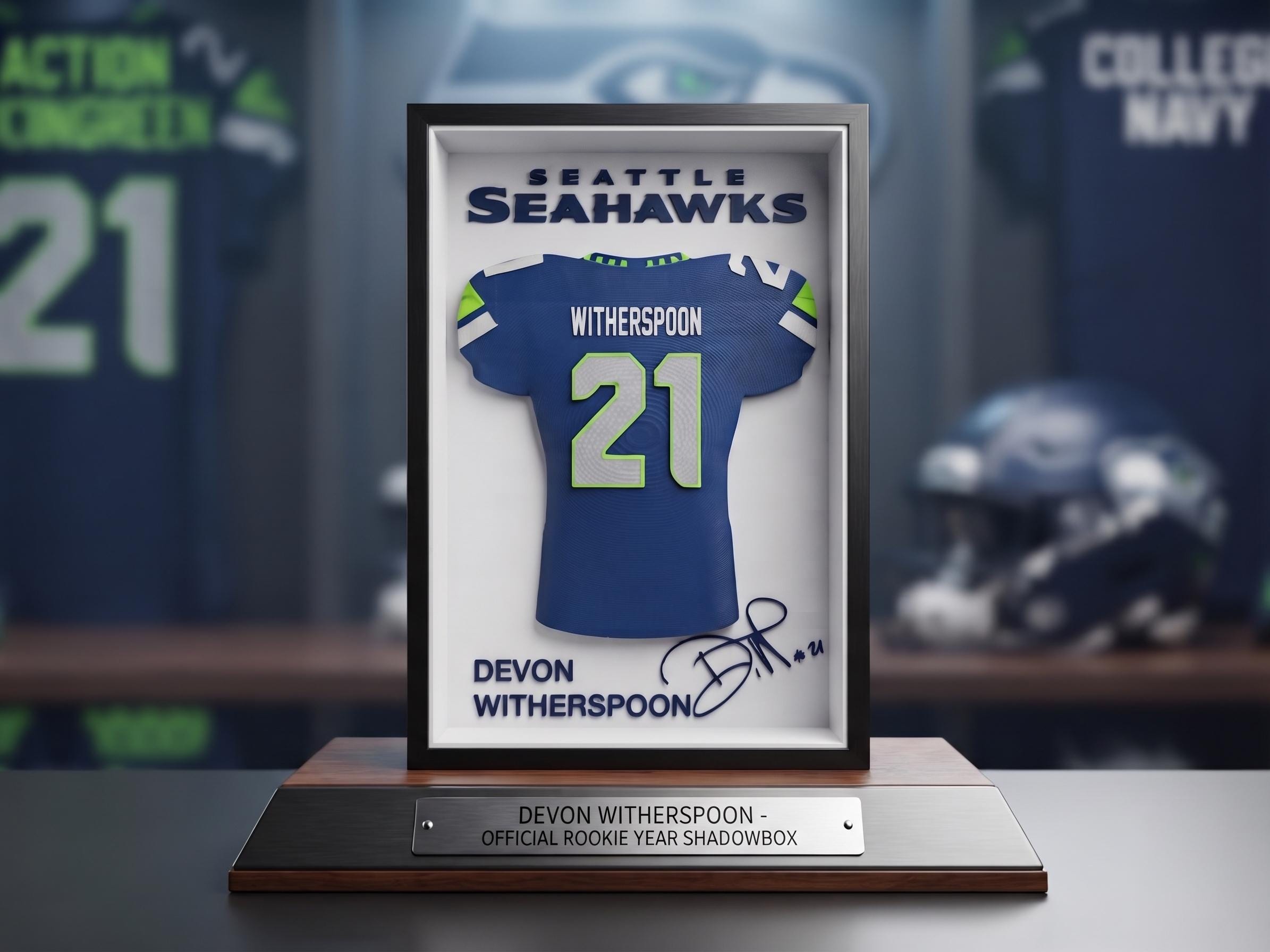 Devon Witherspoon Seahawks 3D Printed Shadow Box - Seattle NFL Desk Art - Seahawks Jersey Wall Decor