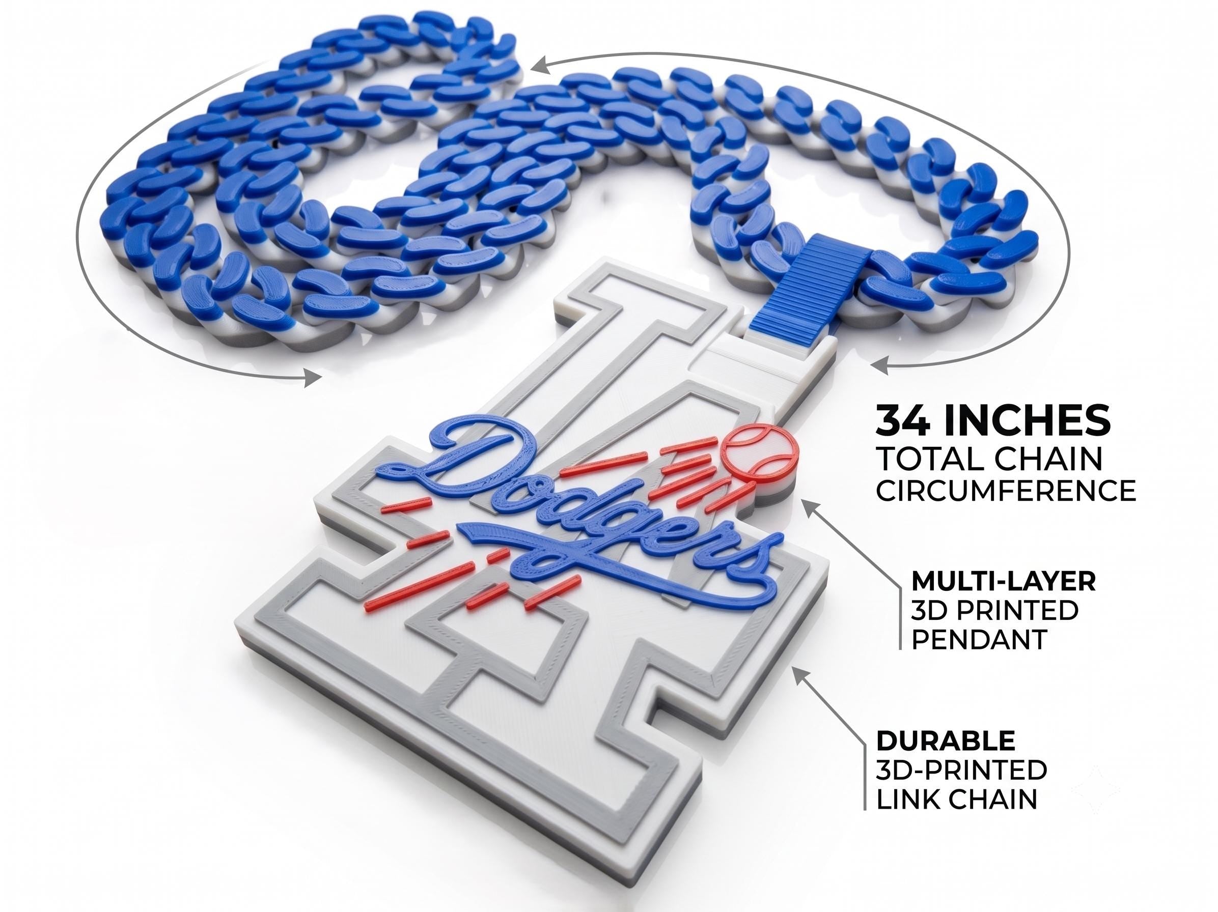 LA Dodgers 3D Printed Statement Necklace | 34" Chunky Chain Baseball Pendant | Los Angeles Fan Gear & Sports Jewelry Gift