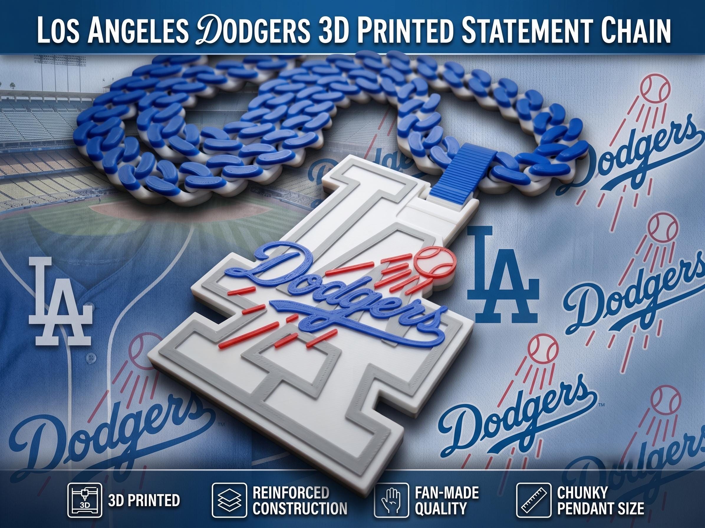 LA Dodgers 3D Printed Statement Necklace | 34" Chunky Chain Baseball Pendant | Los Angeles Fan Gear & Sports Jewelry Gift