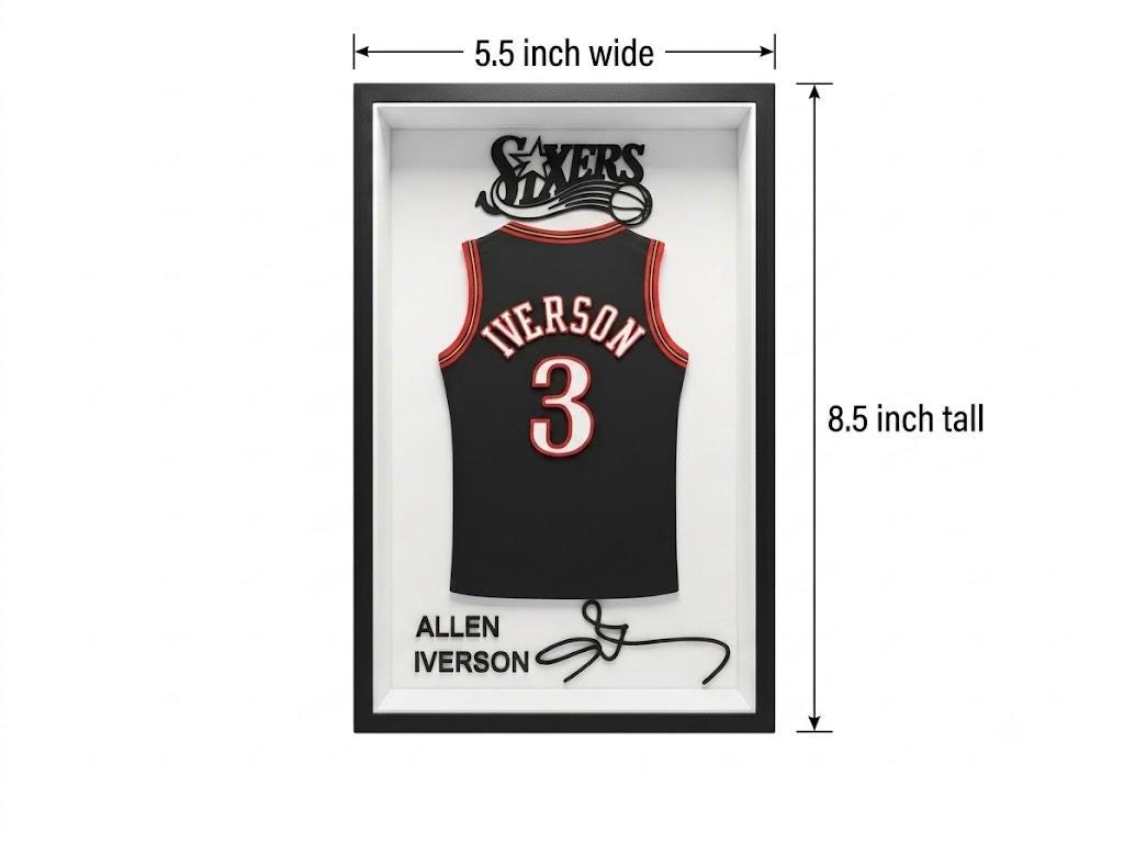 Allen Iverson 3D Printed Jersey Shadow Box | Philadelphia 76ers Decor | NBA Basketball Art | Dorm Room Decor & Back to School Desk Display