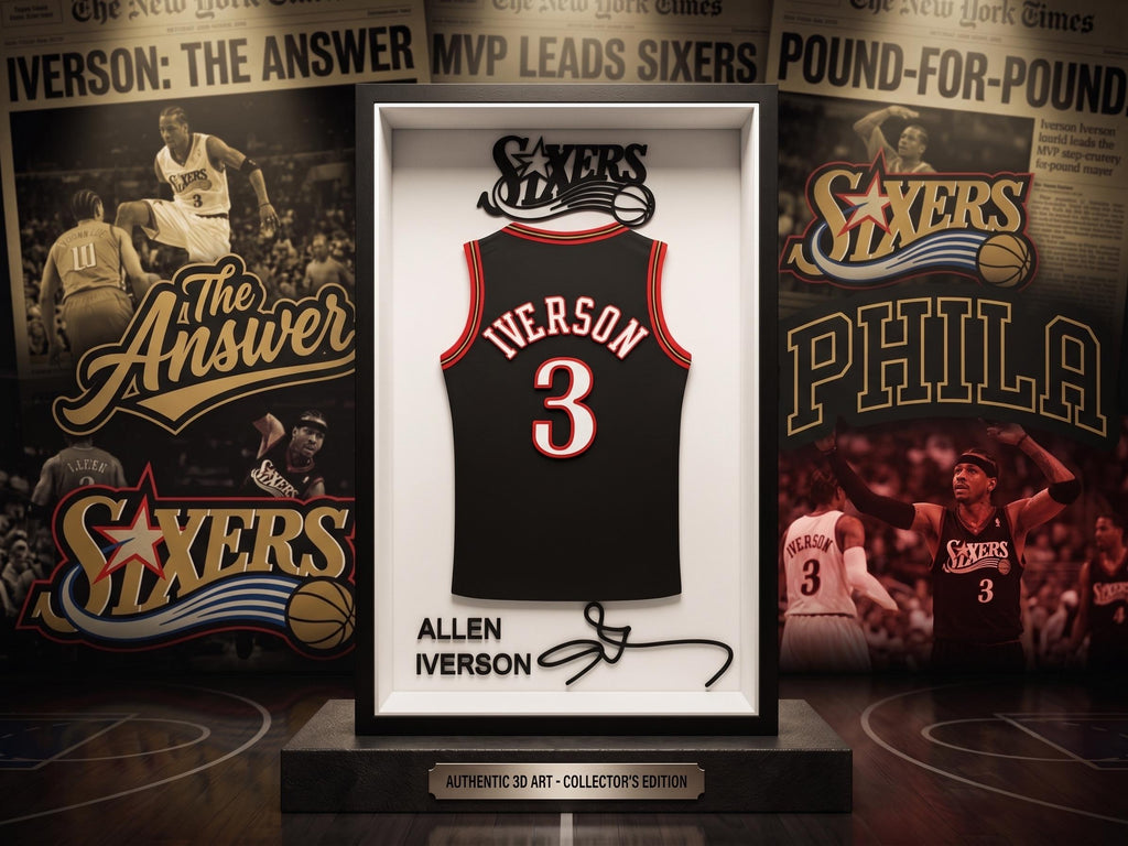 Allen Iverson 3D Printed Jersey Shadow Box | Philadelphia 76ers Decor | NBA Basketball Art | Dorm Room Decor & Back to School Desk Display
