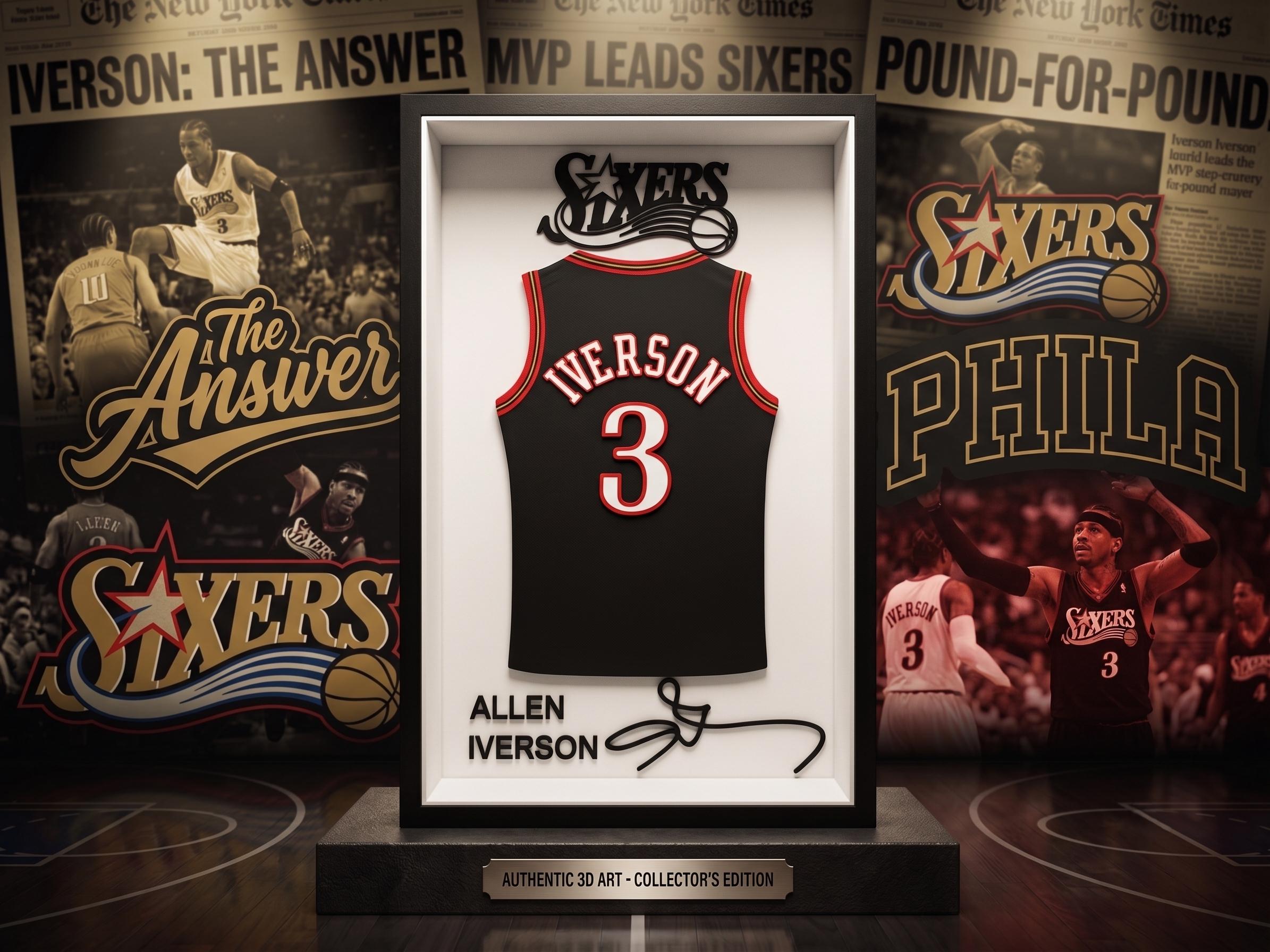 Allen Iverson 3D Printed Jersey Shadow Box | Philadelphia 76ers Decor | NBA Basketball Art | Dorm Room Decor & Back to School Desk Display
