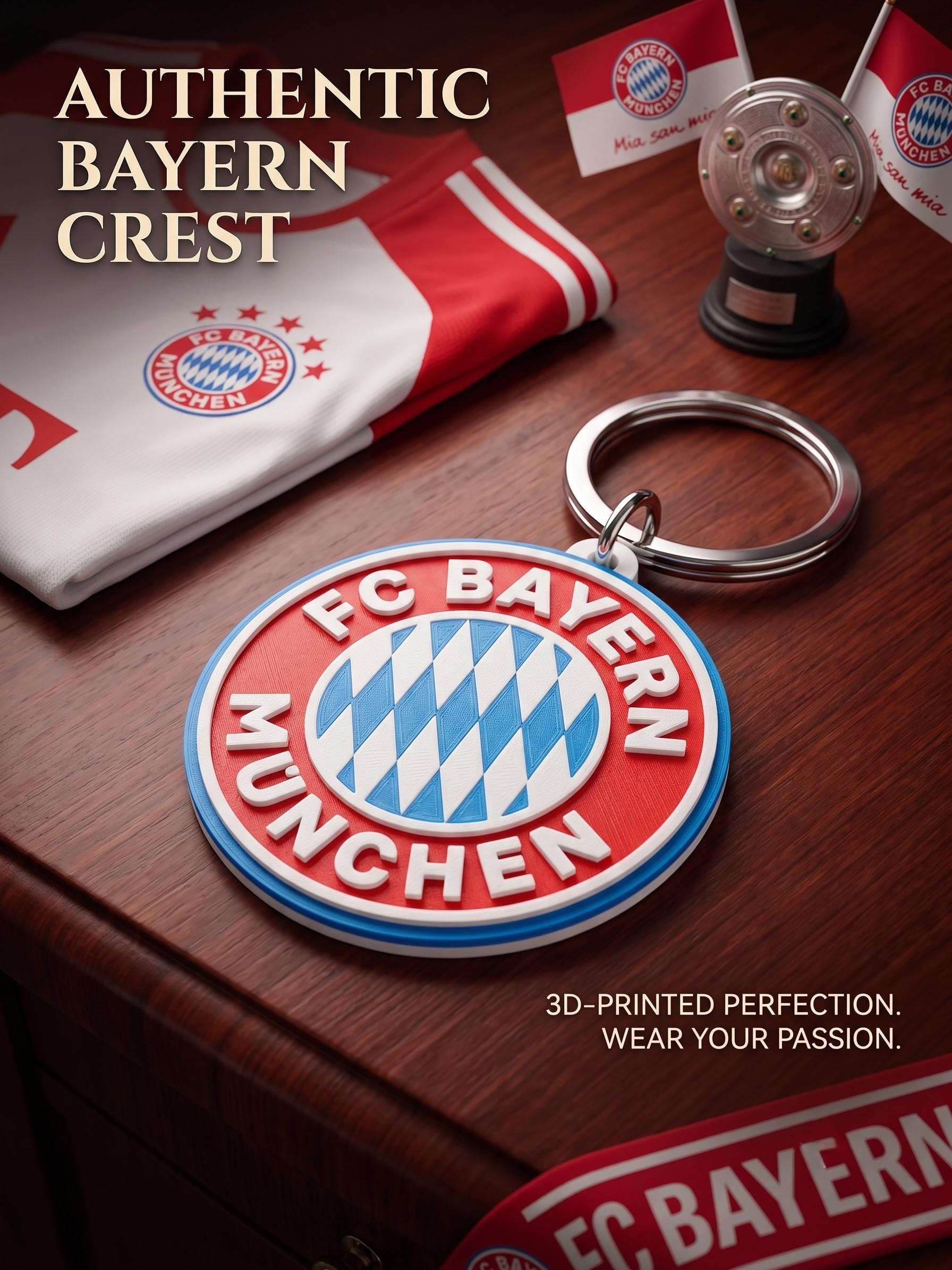 FC Bayern Munich Keychain • 3D Printed German Soccer Keyring • Bundesliga Football Bag Tag • Gift for Sports Fan • Mia San Mia Crest