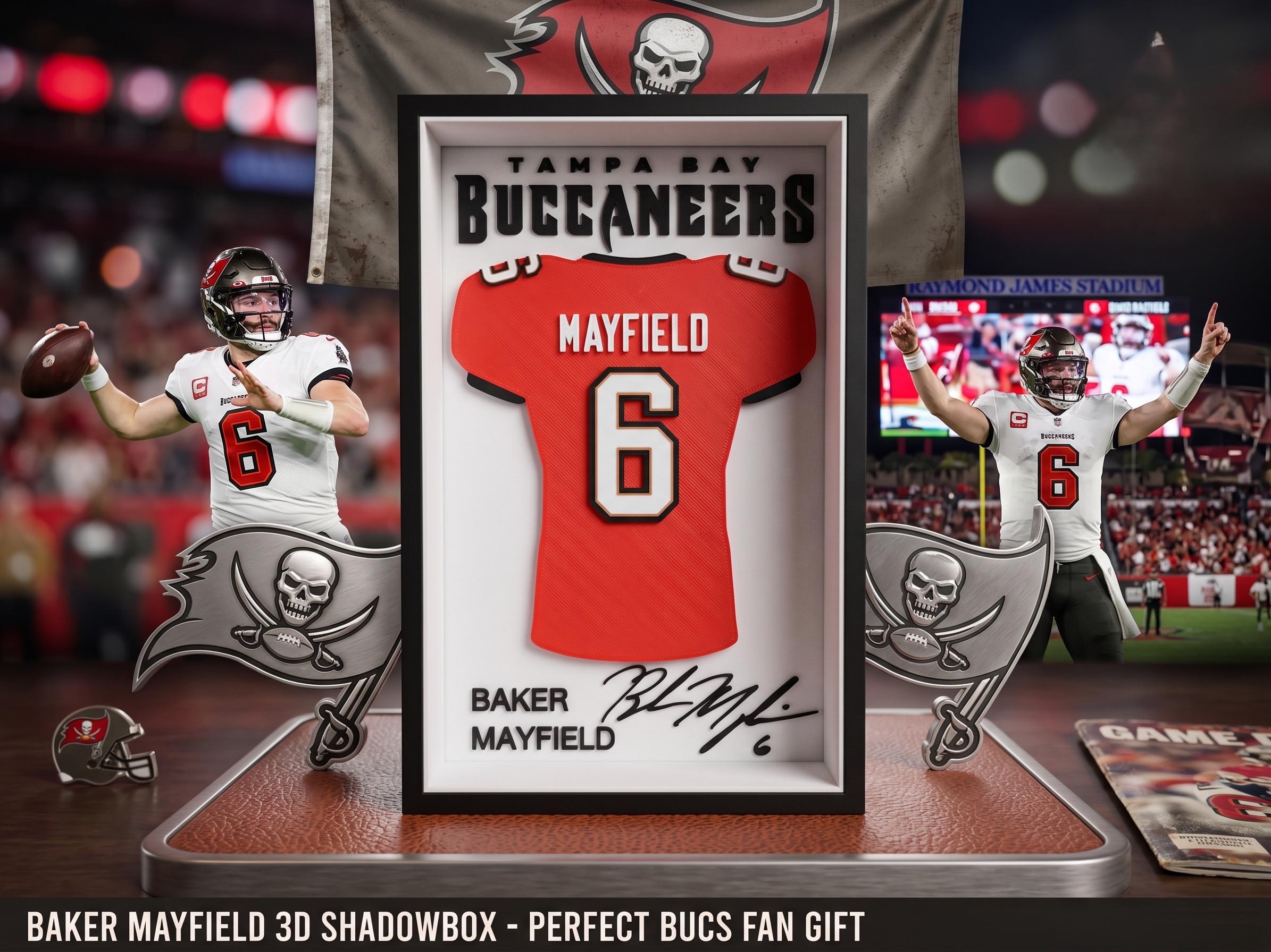 Baker Mayfield Tampa Bay Buccaneers 3D Printed Jersey Shadow Box | NFL Desk & Wall Decor | Back to School Dorm Room Decor | Football Gift