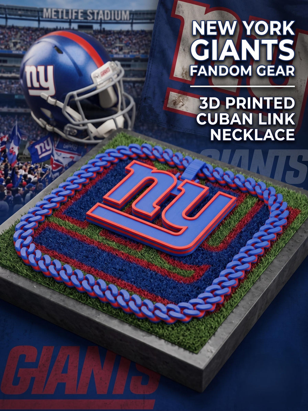New York Giants Necklace | NFL 34" Cuban Link Chain with NY Logo Pendant