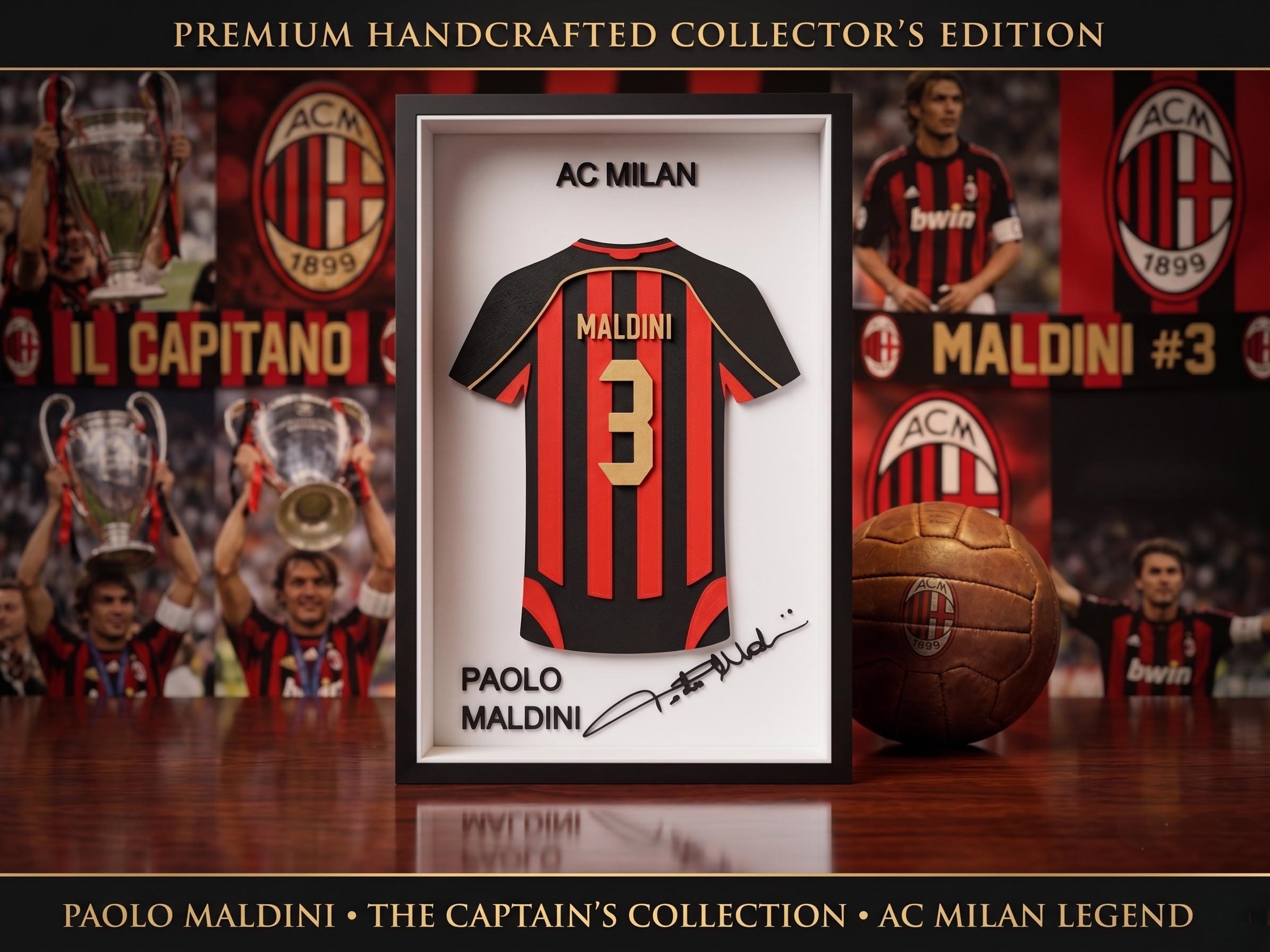 Paolo Maldini AC Milan 3D Printed Jersey Shadow Box | Soccer Fan Gift | Desk, Shelf & Wall Decor | Back to School Dorm Room Art