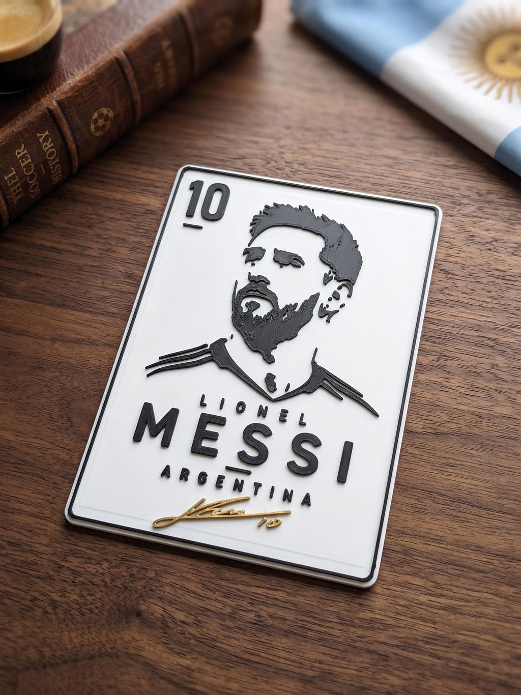 Lionel Messi 3D Printed Card | Argentina Soccer Sign | Football Collector Wall Art | Sport Decor Gift
