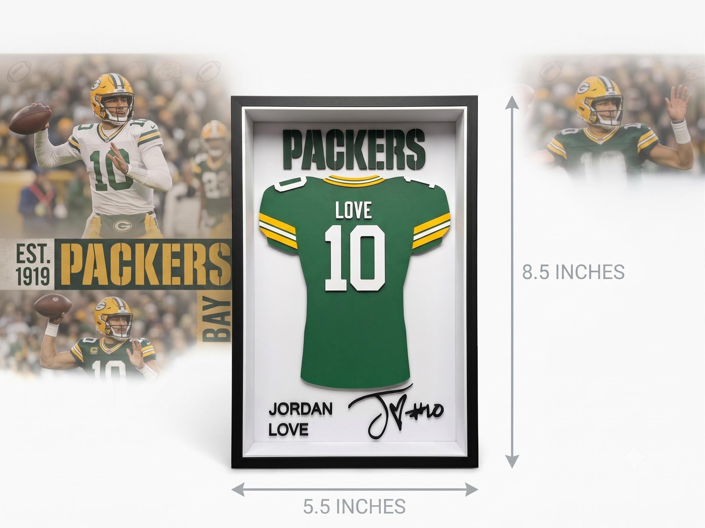 Jordan Love 3D Jersey Shadow Box | Green Bay Packers NFL Football Wall Art & Desk Decor | Back to School College Dorm Gift for Sports Fans