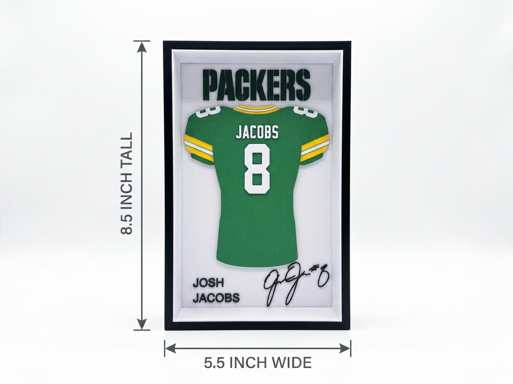 Josh Jacobs Green Bay Packers 3D Printed Jersey Shadow Box | NFL Dorm Room Decor | Back to School Football Gift for Desk Shelf or Wall