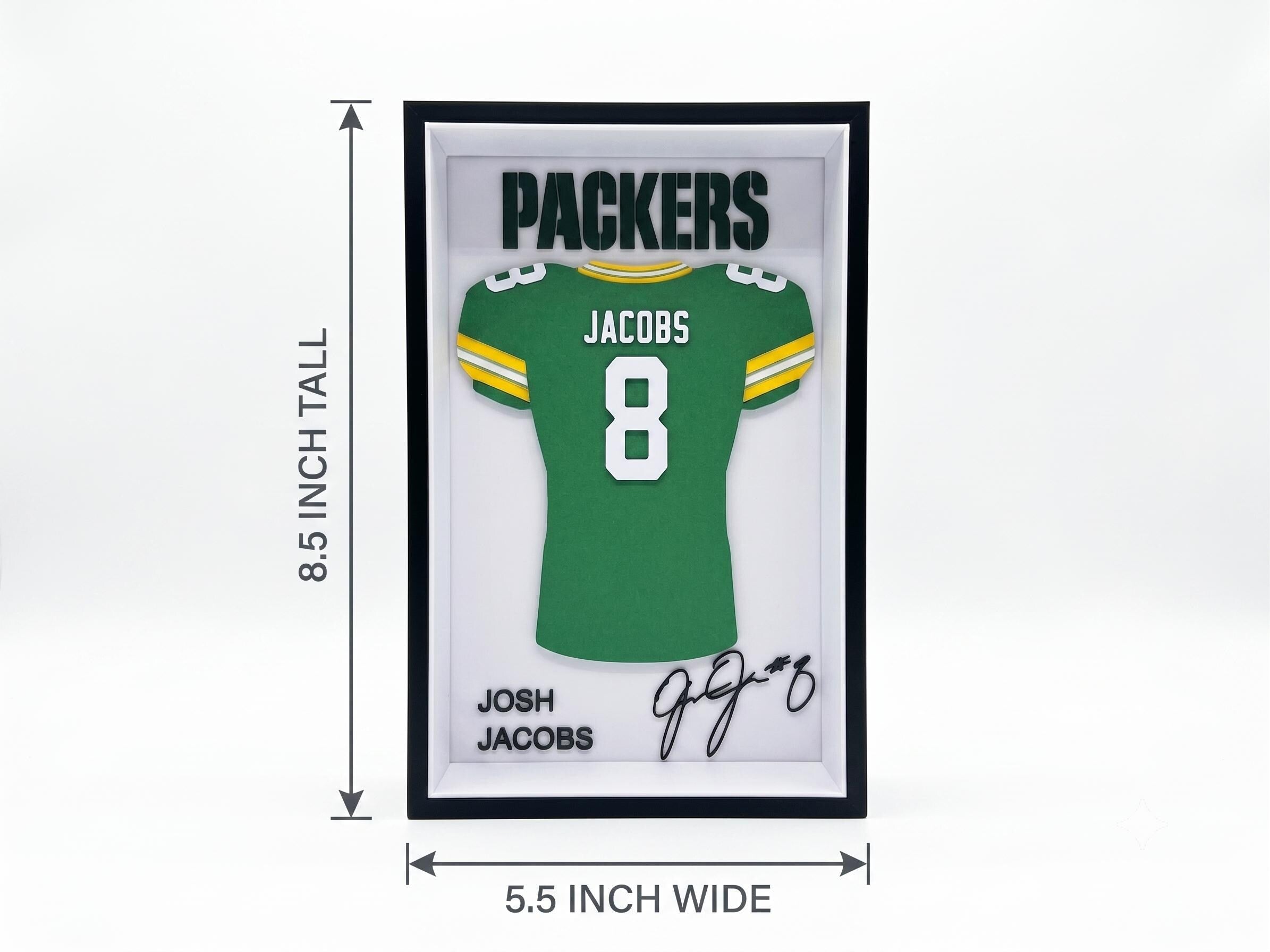Josh Jacobs Green Bay Packers 3D Printed Jersey Shadow Box | NFL Dorm Room Decor | Back to School Football Gift for Desk Shelf or Wall
