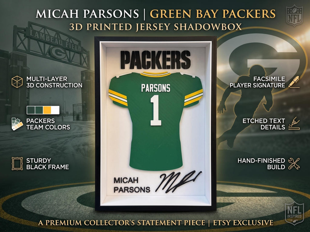 Green Bay Packers Micah Parsons Jersey Shadow Box | 3D Printed NFL Dorm Room Decor, Back to School Football Gift, Desk & Wall Art