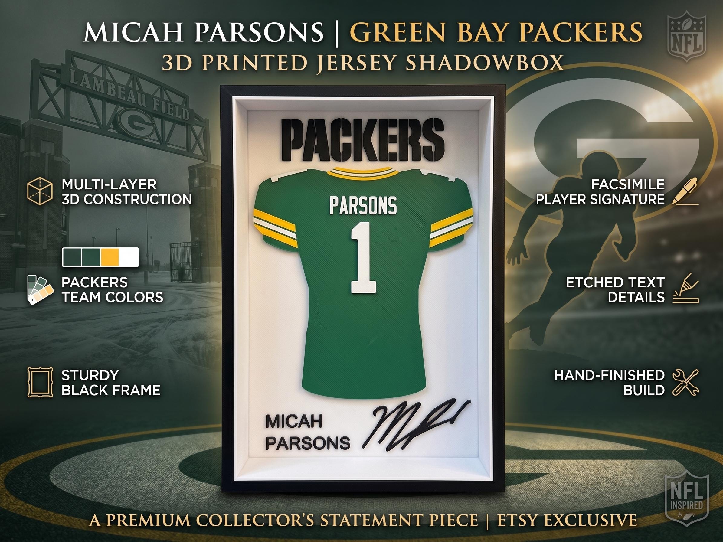 Green Bay Packers Micah Parsons Jersey Shadow Box | 3D Printed NFL Dorm Room Decor, Back to School Football Gift, Desk & Wall Art