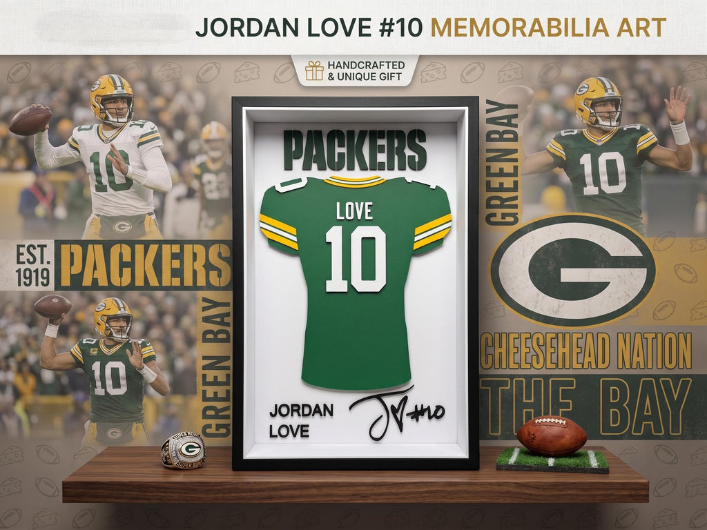 Jordan Love 3D Jersey Shadow Box | Green Bay Packers NFL Football Wall Art & Desk Decor | Back to School College Dorm Gift for Sports Fans