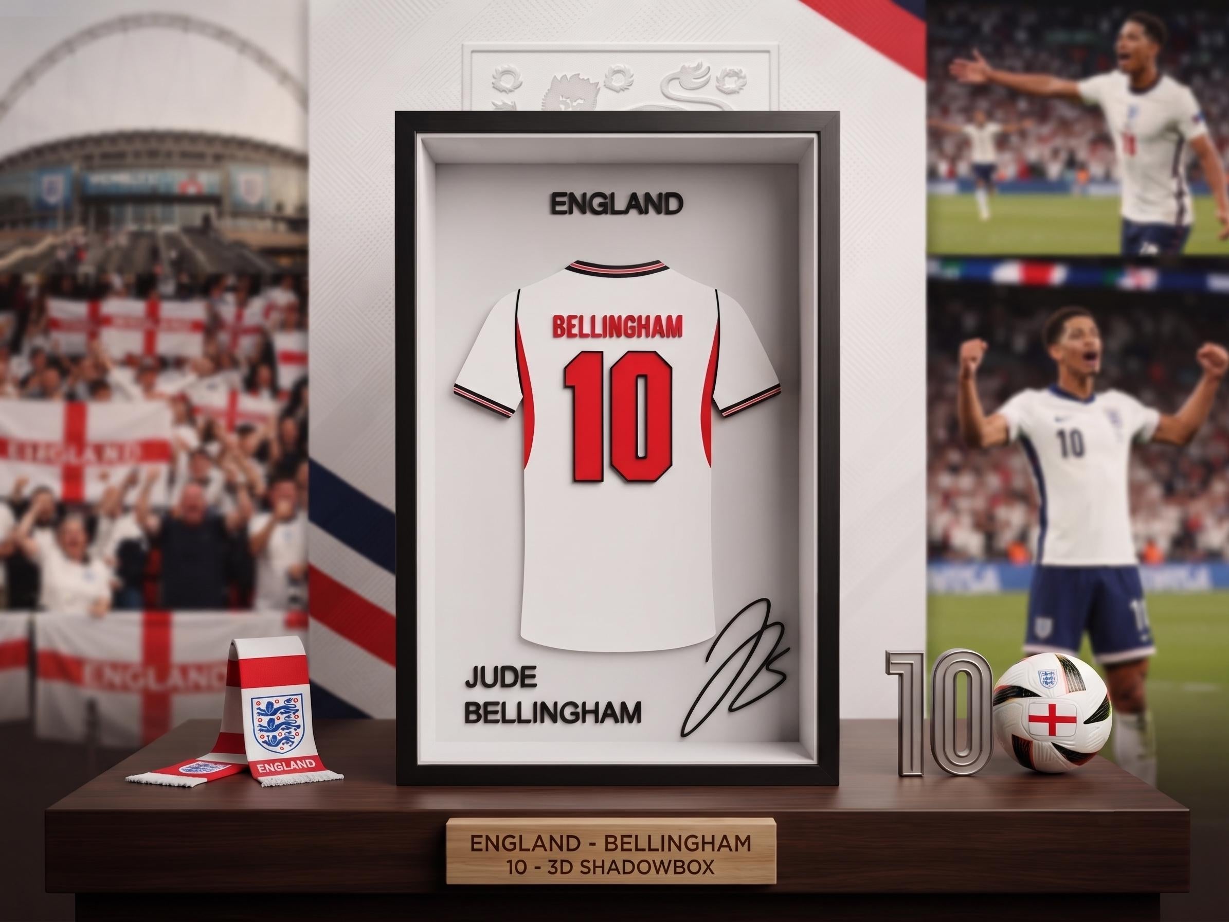England Jude Bellingham 3D Printed Jersey Shadow Box | Soccer Dorm Decor & Football Shelf Art | Back to School Sports Gift for Fans